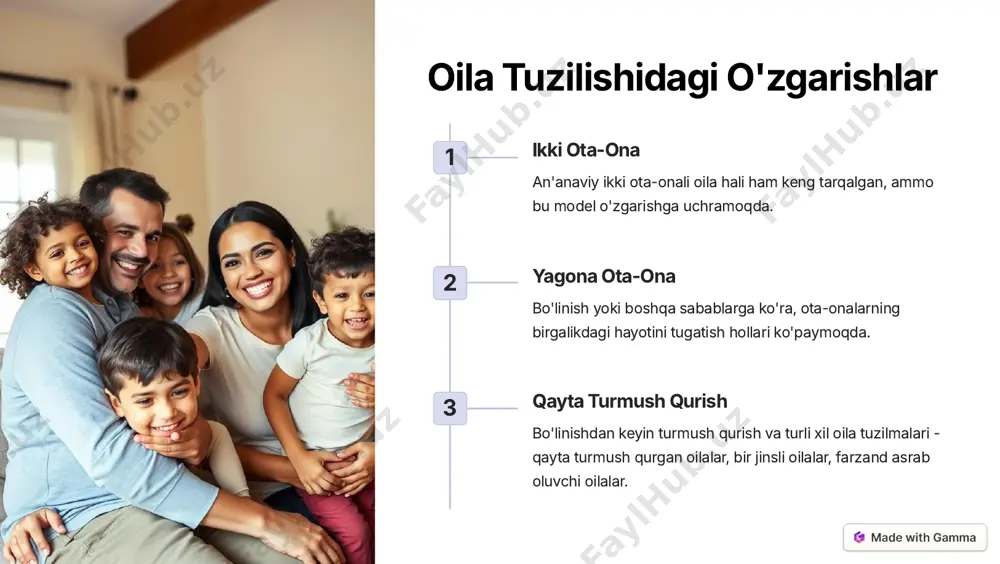 hi 1 an'anaviy ta'lim ota-onalar bolalarni an'anaviy qadriyatlar va axloq qoidalariga o'rgatishga e'tibor berishadi. 2 zamonaviy ta'lim bolalarni mustaqil fikrlashga, tanqidiy yondashishga, ijodkorlikni rivojlantirishga o'rgatish muhim. 3 o'zgaruvchan dunyo ta'lim-tarbiya jarayoni zamonaviy dunyoning o'zgarishlariga moslashib borishi kerak. https://gamma.app/?utm_source=made-with-gamma oilada sog'lom hayot tarzining shakllanishi sog'lom ovqatlanish to'g'ri ovqatlanish oila a'zolarining salomatligi va energiyasi uchun muhim. jismoniy faollik jismoniy mashqlar oila a'zolarining jismoniy va ruhiy salomatligini mustahkamlashga yordam beradi. ruhiy salomatlik stressni boshqarish, dam olish, o'zaro muloqot oila a'zolarining psixologik salomatligi uchun juda muhim. https://gamma.app/?utm_source=made-with-gamma