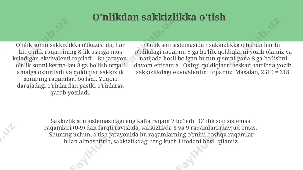 lar (8 bit) yoki so'zlar (masalan, 32 bit yoki 64 bit) hosil qiladi. ikki sonli sistemada katta sonlarni ifodalash uchun o'nlik sistemaga qaraganda ko'proq bitlar kerak bo'ladi; masalan, 1000 o'nlik sonini ifodalash uchun 1000111000002 ikki sonli kodi talab etiladi. ikki sonli sistemadagi sonlarni o'nlik sistemaga o'tkazish uchun har bir bitning o'ziga mos 2ning darajasini ko'paytirib va natijalarni qo'shish kerak; masalan, 10112 = 12³ + 02² + 12¹ + 12⁰ = 1110. o'nlikdan ikkilikka o'tish o'nlik son sistemasidan ikkilikka o'tishda har bir o'nlik raqamni ikkilik sistemasining 0 va 1 raqamlari ketma-ketligi bilan ifodalash mumkin, bu yerda har bir o'rin 2ning darajalarini ko'rsatadi. masalan, o'nlik 10 soni ikkilik 1010 ga teng. ikkilik son sistemasida bitta raqam (bit) 0 yoki 1 qiymatlarini oladi. shuning uchun o'nlik sonni ikkilikka o'tkazishda, o'nlik sonning ikkilik ifodasini hosil qilish uchun bir qancha bitlar talab qilinishi mumkin, bu sonning kattaligiga bog'liq. o'nlikdan ikkilikka o'tishning bir usuli takroriy bo'linish …