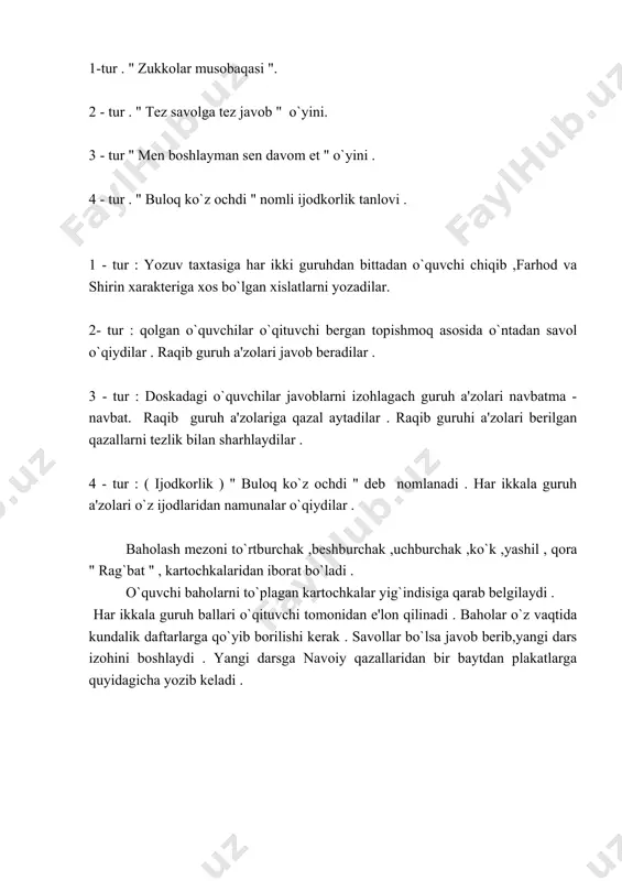 idan iborat bo`ladi . o`quvchi baholarni to`plagan kartochkalar yig`indisiga qarab belgilaydi . har ikkala guruh ballari o`qituvchi tomonidan e'lon qilinadi . baholar o`z vaqtida kundalik daftarlarga qo`yib borilishi kerak . savollar bo`lsa javob berib,yangi dars izohini boshlaydi . yangi darsga navoiy qazallaridan bir baytdan plakatlarga quyidagicha yozib keladi . ushbu g`azallarning mavzusini , g`azal g`oyasini avvalgi darsda muhokama qilinganligi uchun bu darsda faqat she'rning matni ustida ishlanadi . 1-3-4-5-6- g`azallar foilotin- foilotin - foilotin ,foilun ruknida bo`lib, aruzning ramali musammani mahzuf baxrida 2-g`azal esa mafoilun -mafoilun-mafoilun- fauvlun ruknida bo`lib ,aruzning xajazi musamani maxzuf baxrida yozilgan . o`qituvchi har bir g`azal paradigmasini doskada chaqqonlik bilan ko`rsatib borishi va shu paradigma asosida she'rni ifodali qilib o`qishi ,qo`shiq qilib aytishi , stolni chertib she'rni ohangga solib aytishi yanada yaxshi natija beradi . paradigmadagi "- - - - - " ,belgi cho`ziq bo`g`in belgisi bo`lib, ko`proq undosh bilan tugagan bo`g`inlarga qo`yiladi . qisqa bo`g`in …