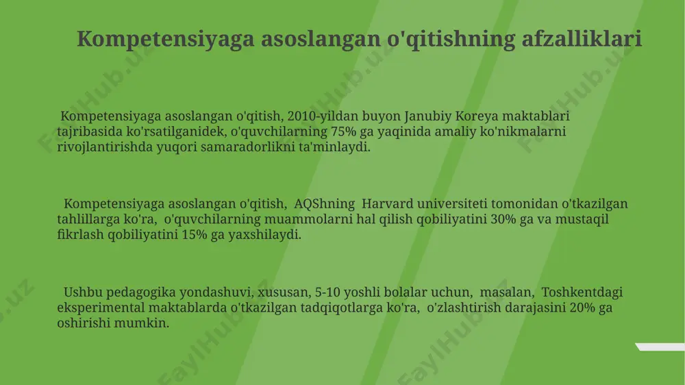 rivojlantirish uchun individual dasturlar yaratish. o'qituvchi samarqanddagi ta'lim muassasalarida qo'llaniladigan kompetensiyaga asoslangan baholash tizimida 30% nazariy bilimlar va 70% amaliy ko'nikmalarga asoslangan ballarni hisoblab chiqishi lozim. kompetensiyaga asoslangan pedagogika nima? kompetensiyaga asoslangan pedagogika, o'quvchilarni 21-asr ko'nikmalariga, masalan, muammo yechish va tanqidiy fikrlashga ega bo'lishlariga qaratilgan holda, aqshning zamonaviy ta'lim tizimlarida keng qo'llaniladigan yondashuvdir. ushbu pedagogika, o'quv dasturida 5 ta asosiy kompetensiyani aniqlash orqali, masalan, muloqot, hamkorlik va innovatsiya kompetensiyalarini rivojlantirishga qaratilgan bo'lib, xitoy kabi davlatlarda ham tadbirkorlik ko'nikmalarini shakllantirishga xizmat qiladi. kompetensiyaga asoslangan pedagogika, o'quv jarayonida baholovchi mezon sifatida 10 ta aniq natijani belgilaydi. bu natijalar, masalan, amaliy loyihalar yoki portfellar orqali baholanadi va yevropa mamlakatlarida keng tarqalgan. kompetensiyaga asoslangan o'qitishning qiyinchiliklari kompetensiyaga asoslangan o'qitishda, ayniqsa, 50 dan ortiq talabalar bo'lgan toshkentdagi maktablarda, individual yondashuvni ta'minlash qiyin, bu esa ba'zi talabalarning kompetensiyalarni to'liq rivojlantirish imkoniyatlarini cheklaydi. kompetensiyaga asoslangan o'quv dasturlarini 2024 yilgacha yangilash rejalari bilan bog'liq ravishda, o'qituvchilarning yangi pedagogik …