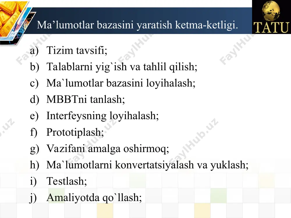 ish uchun count () funksiyasini buyuradi. count ga misol : select count(*) from jadval1 sql da standart funksiya – sum sum- bu ifodadagi barcha yoki alohida qiymatlarning yig'indisini hisoblaydigan standartlashtirilgan funksiya. sum() funksiyasi qiymatlar yig'indisini hisoblab chiqadi. null qiymatlar hisobga olinmaydi. sql sum funksiyasi select iborasidagi ifoda yig'indisini qaytarish uchun ishlatiladi. sql sum funksiyasi ichida bo'lgan yagona maydon bo'lishi shart emas. sum ga misol : select sum (daily_typing_pages) from jadval1 sql da standart funksiya - avg avg () bu qiymatlar yig'indisini null bo'lmagan qiymatlar soniga bo'lish orqali o'rtacha qiymatlarni hisoblaydi. agar yig'indisi qaytarilish qiymatining ma'lumotlari turi uchun maksimal qiymatdan oshsa, avg () xatoni qaytaradi.ushbu funksiya guruhdagi qiymatlarning o'rtacha qiymatini qaytaradi. u nol qiymatlarni e'tiborsiz qoldiradi. avg ga misol : select avg(daily_typing_pages) from jadval1 sql da standart funksiya - max sql max () standart funksiyasi ma'lum ustun yoki ifoda qiymatining maksimal qiymatini yoki eng yuqori qiymatini topish uchun ishlatiladi. ushbu funksiya …
