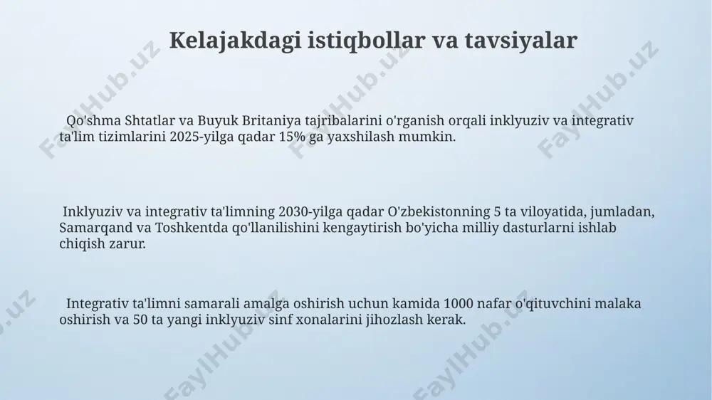 g ishtiroki integrativ ta'lim muassasalarida toshkent shahrida o'tkazilgan so'rovnomalar shuni ko'rsatdiki, jamoatchilikning 30%i ushbu yondashuv haqida yetarlicha xabardor emas. andijon tumanidagi 5 ta maktabda o'tkazilgan kuzatuvlar integrativ ta'limning samaradorligi uchun ota-onalar va mahalliy jamoatning hamkorligi muhimligini ta'kidladi, bu esa o'quvchilarning 15% ga yaxshilanishiga olib keldi. inklyuziv ta'limda 2023-yilgi tadqiqotlar samarqand viloyatida ota-onalarning 75% dan ortig'i maktabdagi inklyuziv tadbirlarga faol ishtirok etishini ko'rsatdi. integrativ ta'limning afzalliklari va kamchiliklari integrativ ta'lim, masalan, o'zbekistonning 10 ta viloyatida amalga oshirilgan tadqiqotlar shuni ko'rsatdiki, o'quvchilarning ijtimoiy moslashuvchanligi 25% ga oshgan, biroq ba'zi o'qituvchilar qo'shimcha resurslar yetishmasligidan shikoyat qilishadi. integrativ ta'limning samaradorligi, ayniqsa, 5-7 yoshli bolalar uchun, rossiyaning moskva shahrida o'tkazilgan sinovlarda aniqlangan bo'lib, ijodiy fikrlash qobiliyati 20% ga oshgan, lekin maxsus ehtiyojli bolalarga individual yordam kerak bo'lishi mumkin. integrativ yondashuv 2015 yildan buyon aqshning kaliforniya shtatida keng qo'llanilib, o'quvchilarning akademik ko'rsatkichlarini 15% ga yaxshilashga yordam berdi, ammo bu individual yondashuvning etishmasligiga olib kelishi mumkin. inklyuziv …