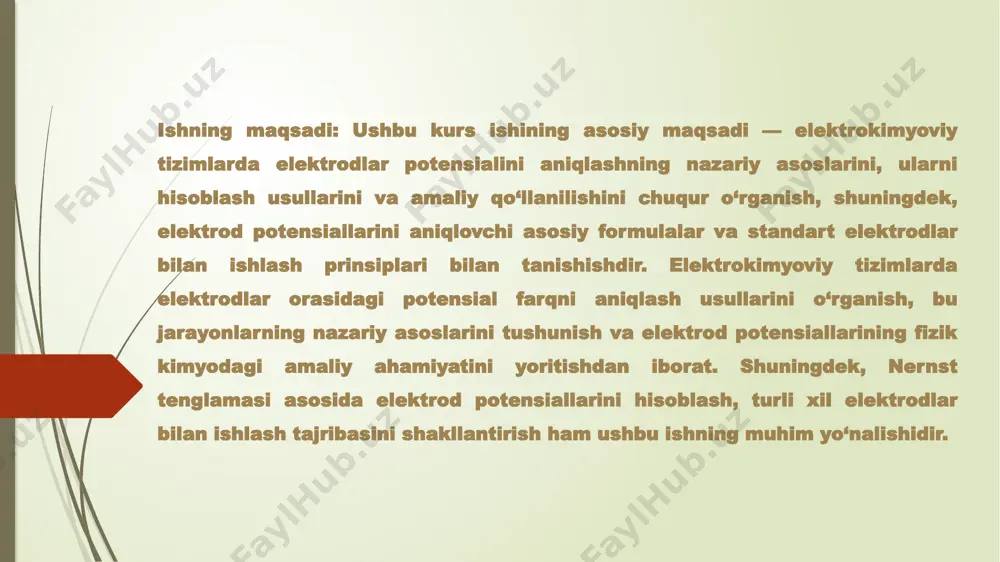 a uning tahlili elektrokimyoviy qator — bu elementlarning ularning standart elektrod potensiallariga qarab tuzilgan tartibidir. ushbu qator har bir elementning ionlarga aylanish yoki ionlardan metall holatiga qaytish istagiga asoslanadi. bu qatorda elementlar eng faol metallardan boshlab, eng kam faol metallargacha yoki qaytaruvchanlik darajasi bo‘yicha tartiblanadi. elektrod potensiali qancha manfiy bo‘lsa, element shuncha faol hisoblanadi, ya’ni u elektron berishga tayyor. aksincha, potensiali musbat bo‘lgan metall yoki yarim element esa qaytarilishga moyildir. elektrokimyoviy qator asosan quyidagi tartibda ifodalanadi (ba’zi qisqartirilgan holatda): li⁺/li < k⁺/k < ca²⁺/ca < ... < zn²⁺/zn < fe²⁺/fe < h⁺/h₂ < cu²⁺/cu < ag⁺/ag < au³⁺/au masalan, mis va rux metallari orasidagi galvanik elementda quyidagi reaksiya sodir bo‘ladi: zn → zn²⁺ + 2e⁻ (anod, e° = –0.76 v) cu²⁺ + 2e⁻ → cu (katod, e° = +0.34 v) bu reaksiya asosida umumiy elektromotor kuch: eᶜᵉˡˡ = e°(katod) – e°(anod) = 0.34 – (–0.76) = 1.10 v elektrokimyoviy qatorning …
