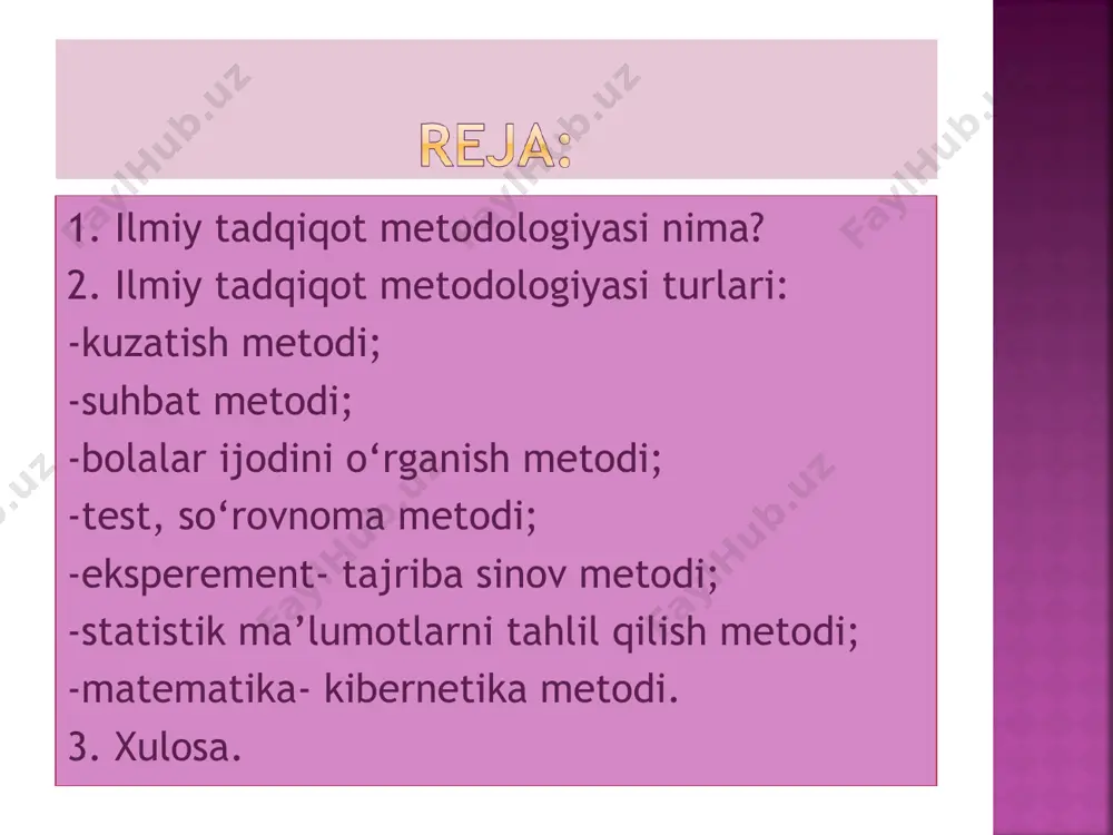 ladi. ilmiy kuzatishlar esa nafaqat o`quvchilarning tabiiy faoliyatini, balki ularning ilmiy dunyoqarashlarini shakllanishi, fikrlash jarayoni kuchi, xulosalar chiqarishdagi faolliklarini aniqlaydi, ularni tahlil etadi va tegishli xulosalar chiqarishga imkoniyat tug’diradi. bunday kuzatishlar pedagogika fani mazmuninining boyishiga sabab bo`ladi. kuzatish metodi ta`lim-tarbiya jarayonini yaxshilash yoki yaratilgan ilmiy farazlarning qanchalik to`g’ri ekanligini aniqlash maqsadida suhbat metodidan foydalaniladi. odatda, suhbat metodi maktab o`qituvchilar va o`quvchilar jamoasi bilan, ota-ona va keng jamoatchilik bilan yakka va guruhli tartibda ish olib borilganda qo`llaniladi. bunda suhbat metodini tadbiq etishdan oldin maqsadli reja tuziladi, amalga oshirish yo`llari belgilanadi, natijalar tahlil qilinadi va tegishli xulosa chiqariladi. shuningdek, tadqiqotchining suhbat olib borish va uni kerakli tomonga yo`naltira olishni bilishi, suhbatdoshining ruhiy holatiga qarab suhbat ohangini moslashtira bilishi g’oyat muhimdir. bunda: suhbat uchun oldindan savol tuzish; vaqti va o`tkazish joyini belgilash; suhbat ishtirokchilarining soni va kasblaridan xabardor bo`lishi; suhbat uchun qulay sharoit va erkin gaplashish imkonini yaratish; suhbat natijalarini zudlik bilan tahlil …