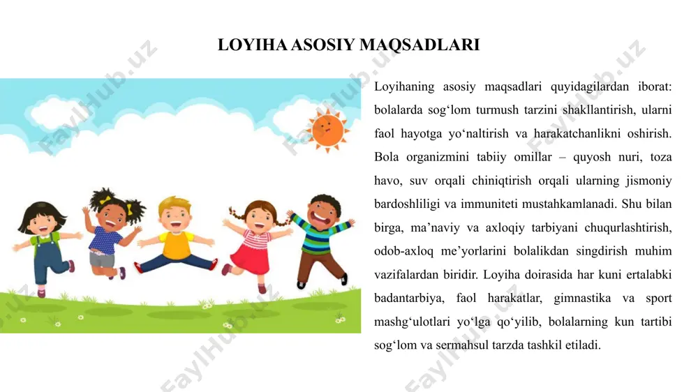stahkam asos yaratadi. ota-onalar ishtiroki loyihani muvaffaqiyatli amalga oshirishda ota-onalar ishtiroki muhim o‘rin tutadi. haftalik ota-onalar yig‘ilishlari orqali ularga loyiha mazmuni, maqsadlari va faoliyat yo‘nalishlari haqida tushunchalar beriladi. uy sharoitida sog‘lom turmush tarzini davom ettirish, bolaning chiniqishi va ma’naviy rivoji uchun zarur bo‘lgan tavsiyalar taqdim etiladi. ota-onalar bolalar bilan birgalikda turli tanlovlar, sport musobaqalari va festivallarda ishtirok etib, bolalarning faol hayotga bo‘lgan qiziqishini kuchaytiradilar va oilaviy hamjihatlik mustahkamlanadi. monitoring va baholash loyihaning samaradorligini ta’minlash uchun muntazam monitoring va baholash ishlari olib boriladi. har hafta amalga oshirilgan faoliyatlar yuzasidan hisobotlar tayyorlanib, ularning mazmuni tahlil qilinadi. pedagoglar tomonidan belgilangan baholash mezonlari asosida bolalarning jismoniy faolligi, emotsional holati, ishtirok darajasi va rivojlanish ko‘rsatkichlari baholanadi. ota-onalardan fikr-mulohazalar yig‘ilib, loyiha jarayoniga bo‘lgan munosabat va takliflar asosida faoliyatlar takomillashtirib boriladi. bu yondashuv loyiha sifatini oshirishga xizmat qiladi. kutilayotgan natijalar loyihaning yakunida quyidagi ijobiy natijalarga erishilishi kutiladi: bolalarning immun tizimi mustahkamlanib, kasallikka chidamliligi ortadi. kundalik jismoniy faollik …