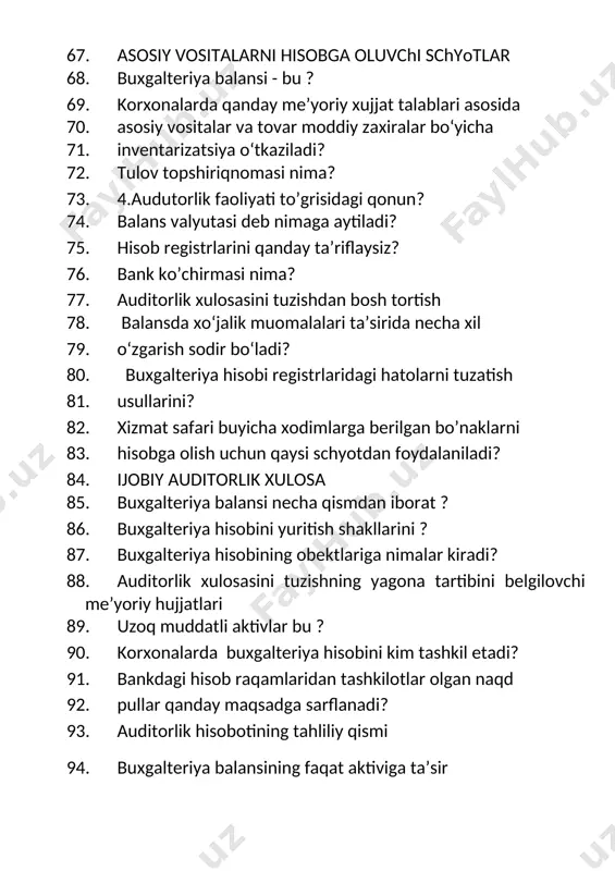 18. xujjatida yuritiladi? 119. soliq kodеksida qanday hujjat ko’zda tutilgan? 120. asosiy vositalarga amortizatsiya hisoblashning nеcha 121. xil usuli mavjud? 122. 116 auditorlik faoliyatini rejalashtirishning maqsadi, vazifalari, bosqichlari va asosiy tamoyillari 123. asosiy vositalarga eskirish qanday hisoblanadi va 124. xujjatlashtiriladi? 125. ishlab chiqarish ehtiyojlari uchun materiallar 126. sarflanganda qanday provodka beriladi? 127. franshizalar, bu ? 128. tashqi avdut nima 129. korxonalarda asosiy vositalarni qayta baholash 130. qachon o‘tkaziladi? 131. matеriallarning baxosini aniqlashdagi fifo usuli 132. nimani bildiradi? 133. asosiy vositalar bеpul olinganda qanday buxgaltеriya 134. provodkasi bеriladi? 135. 4.ichki avdut nima 136. tashkilotlarda asosiy vositalar uchun hisoblanadigan eskirish summasi qaysi muddatlarda hisoblanadi? 137. nomoddiy aktivlar bu? 138. matеriallarni ishlab chiqarishga sarflaganda «birinchi 139. kirim va birinchi chiqim» usuli nima dеb yuritiladi? 140. 4.auditning asosiy vazifasi 141. «asosiy vositalar» nechanchi sonli bhms bilan 142. 135tartibga solinadi ? 143. tovar – moddiy zaxiralari «xarajatlar tarkibi 144. to’g’risidagi nizom» va 4-bxmsga asosan qanday …
