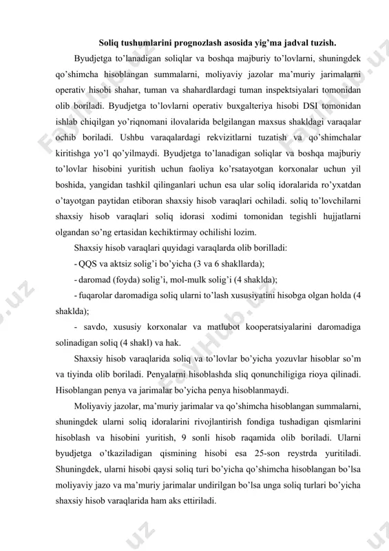 i soliq idoralarini rivojlantirish fondiga tushadigan qismlarini hisoblash va hisobini yuritish, 9 sonli hisob raqamida olib boriladi. ularni byudjetga o’tkaziladigan qismining hisobi esa 25-son reystrda yuritiladi. shuningdek, ularni hisobi qaysi soliq turi bo’yicha qo’shimcha hisoblangan bo’lsa moliyaviy jazo va ma’muriy jarimalar undirilgan bo’lsa unga soliq turlari bo’yicha shaxsiy hisob varaqlarida ham aks ettiriladi. daromad (foyda) solig’i, qo’shilgan qiymat solig’i, jismoniy shaxslar daromad solig’i, boshqa soliqlar va to’lovlar bo’yicha tushumlarini aniqlash. respublikamizda taraqqiy etayotgan soliq tizimida prognoz ishlarini takomillashtirish muhim vazifalardan biri bo’lib hisoblanadi. soliq tushumlarini tahlil qilish va prognoz ishlari asosan davlat soliq idorasining quyidagi zvenosi, ya’ni soliq inspektsiyalari tomonidan amalga oshiriladi. ularning zimmasiga soliq to’lovchilarning to’liq faoliyat yuritayotgan xo’jalik yurituvchi sub’ektlarning byudjetlarga soliqli va soliqsiz to’lovlarining haqiqiy hajmi, soliqqa tortiladigan soliq ob’ektlarining manbasini batafsil hisobga olib borish vazifasi yuklatilgan. 1998 yilning yanvaridan boshlab o’zbekiston respublikasining soliq kodeksi amal qilib kelmoqda. uning joriy etilishi soliq to’lovchilar, buxgalterlarda tushunmovchiliklar keltirib chiqarayotgan …