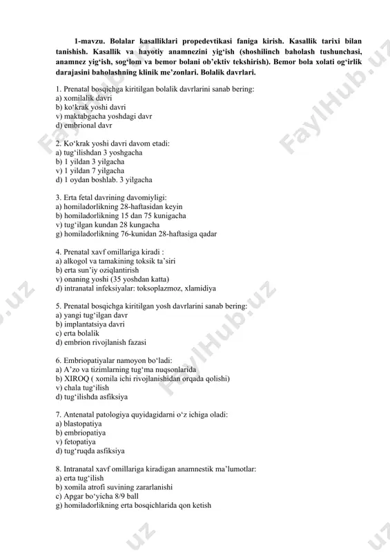 vazni bo’yiga mosligi b. chaqaloq vazni bo’yidan tezroq kattalashadi c. bo’y og’irligidan ortda qoladi d. chaqaloq vazni bo’yidan ancha tezroq kattalashadi e. bo’y vazndan tezroq o’sishi 5. normada 2 oylik chaqaloq: a. boshini tik tutadi b. qornidan beliga o’girila oladi c. quyidagi bo’ginlarni talaffuz qiladi «ba», «pa». «ma» d. tishlari chiqishni boshlaydi e. tik o’tiradi 6. tug‘ilganda tana vazni necha yoshga kelib uch baravar ko‘payadi a) 5-6 oyga b) 8 oyga c) 10-11 oy ichida d) 9-10 oyda 7. qaysi yoshga kelib bosh va ko‘krak aylanasi bir xilda bo‘ladi ? a) 5 oygacha b) 2-4 oyga. c) 8 oyga. d) 1 yoshda 8. jismoniy rivojlanishni aniqlashda asosiy usullar: a) somatoskopiya b) rentgenografiya c) somatometriya d) fiziometriya 9. 1 yil ichida bosh aylanishi necha sm. ga oshadi: a) 10 sm b) 15 sm c) 20 sm 10. antropometrik tadqiqotlarning asosiy usullari qaysilar: a) tana uzunligini o‘lchash b) doiralarni o‘lchash v) jinsiy …