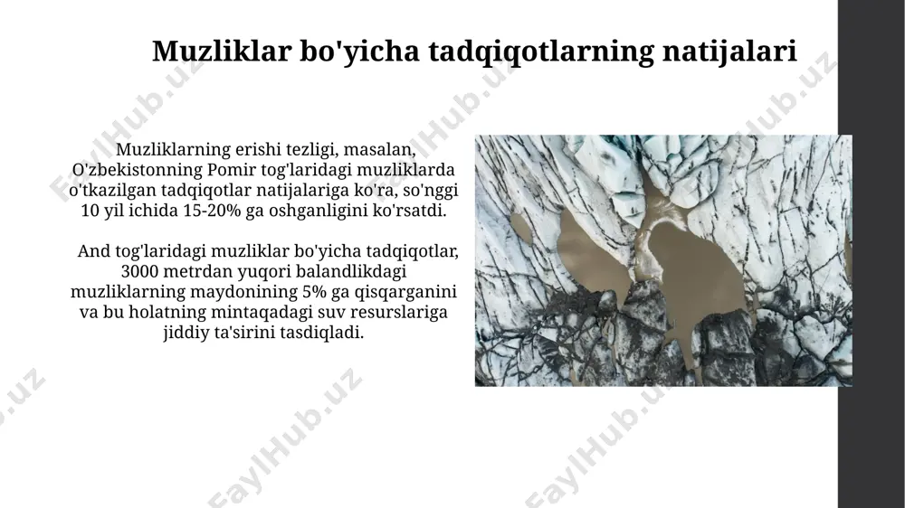 i mumkin. muzliklarning o'simlik va hayvonot dunyosiga ta'siri muzliklarning erishi natijasida hosil bo'lgan muzli suvlar himoloy tog'laridagi 500 dan ortiq o'simlik turlari uchun muhim suv manbai hisoblanadi, ularning ko'pchiligi noyob va endemik hisoblanadi. pamir-alay tog'laridagi muzliklarning o'zgarishi 1000 dan ortiq hasharot turlarining mavjudligiga ta'sir ko'rsatib, ularning ko'payishi va tarqalishini o'zgartiradi. muzliklarni muhofaza qilish choralari qor qoplamini saqlash uchun, togʻ yonbagʻirlarida, xususan, 3500 metrdan yuqori balandliklarda, sunʼiy qor toʻplash texnologiyalaridan, masalan, alp togʻlaridagi tajribalarga oʻxshash usullardan foydalanish samarali boʻladi. muzliklarni ifloslanishdan himoya qilish maqsadida, chotqol tizmasida boʻlgani kabi, sayyohlik va chorvachilik faoliyatini tartibga soluvchi, 5-10 yillik rejalashtirilgan tadbirlarni amalga oshirish kerak. muzliklarning suv sifatiga ta'siri andijon viloyatidagi togʻli hududlardagi kichik muzliklarning erish suvlari, mahalliy aholi uchun asosiy ichimlik suv manbai hisoblanadi va ularning sifati, yillik yogʻin-sochin miqdoriga (masalan, 300 mm) bogʻliq ravishda, sezilarli darajada oʻzgarib turadi. muzliklardan oqib tushadigan suv, masalan, himoloy togʻlaridagi muzliklarning erishi natijasida hosil boʻlgan suv, yuzaki oqimlarga …