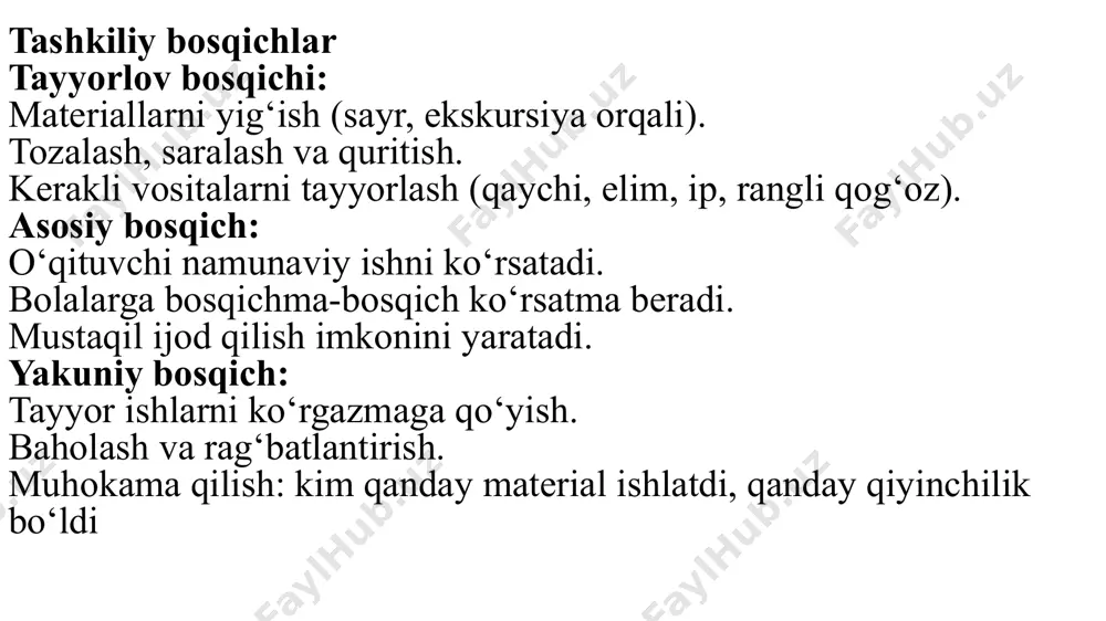 ga tushgan materiallarnigina terish kerakligini eslatadi. qonunga ko’ra daraxt va butalarni sindirish, tabiatni ifloslashtirish, o`simlik shoxlari, po`stlog`i, barglarini kesish mumkin emasligini uqtiradi. dastlab tabiiy materiallar bilan tanishtirish 1-sinfdan boshlanadi. o`qituvchi tabiiy materiallarni qanday to`plash haqida maslahatlar beradi. masalan, kvarts qumini daryo va suv havzalari sohillarida quruq holda, loyni esa tabiiy holida yig`ish kerakligi; barglar va gullarni ho’l holda yig’ib botanik pressda quritish lozimligi shular jumasidandir. o`qituvchi o`simliklar va ularning qismlarini botanik pressda qanday quritishni mumkinligini ko`rsatib berishi o’ta ahamiyatli. tajriba ko`rsatishicha, boshlang`ich sinf o`quvchilari uchun ta‘limning birinchi bosqichida eng oddiy va qiziqarlisi tabiiy materiallardan dekorativ tayorlash ishlaridir. bolalar tabiiy materiallardan turli o`yinchoqlarni tayyorlash ishini katta intilish bilan bajaradilar. birinchi sinf o`quvchilarida tabiiy materiallar bilan ishlashga qiziqish uyg`otish uchun ularga xalq o`yinchoqlari namunalarini ko`rsatish juda foydali. o`quvchilarni tosh, loy, yog`ochdan bajarilgan xalq o`yinchoqlari namunalari bilan tanishtirish, ayniqsa ahamiyatli. (1-rasm). bu ishning yong`oqlar, yong`oq po`stlog`i, loy, shoxlardan o`yinchoqlar tayyorlashdan oldin o’quvchilarga ko’rsatilishi …