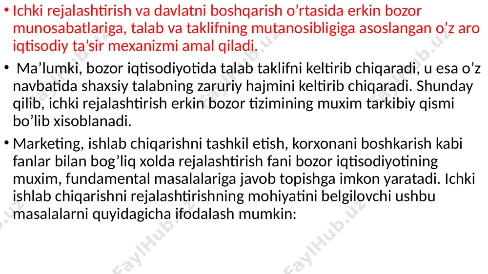 prinsiplari, unga qo’yilayotgan talablar, iqtisodiy ko’rsatma qoidalarni mujassamlashtiradi. rejalashtirish usuli (metodikasi) aniq reja ko’rsatkichlarining asoslashning yo’llari, uslublarining tarkibini xarakterlaydi, ichki rejalarni ishlab chiqarish tartibi, strukturasi, shakli va mazmunini ifodalaydi. rejalashtirish uslubiyati – iqtisodiyotni boshqarishning turli bo’g’inlarida, jumladan, korxonalarni boshqarishda rejalarni ishlab chiqish usullari majmuasidir. avvalgi rejali iqtisodiyot sharoitlarida u avvalo reja idoralarining, ham sobiq ittifoq miqyosida ham alohida res’ublikalar miqyosida amal qilgan iqtisodiy va ijtimoiy rivojlanishning asosiy yo’nalishlarining ishlab chiqish bo’yicha uslubiy ko’rsatmalarga tayanar edi. iqtisodiyotning muhim soha va tarmoqlarini joriy va istiqbolli rejalashtirish ushbu ko’rsatmalar asosida amalga oshiriladi. rejalashtirishning eng ko’p tarqalgan usullari qatoriga quyidagilarni: balans, me’yoriy, iqtisodiy-matematik, statistik, omillar bo’yicha, ko’p variantli hisob-kitob usuli kabilarni kiritish mumkin. rejalarning asoslanganlik darajasini oshiruvchi va ularni tezda amalga oshirilishiga xizmat qiluvchi, shuningdek, tavakkalchilik va vujudga kelishi mumkin bo’lgan talofatlarni kamaytiruvchi usul eng samarali usul hisoblanadi. hozirgi paytda balans usulining ahamiyati oshib bormoqda. ushbu usulning mohiyati, o’z aro aloqada bo’lgan ko’rsatkichlarni solishtirish …