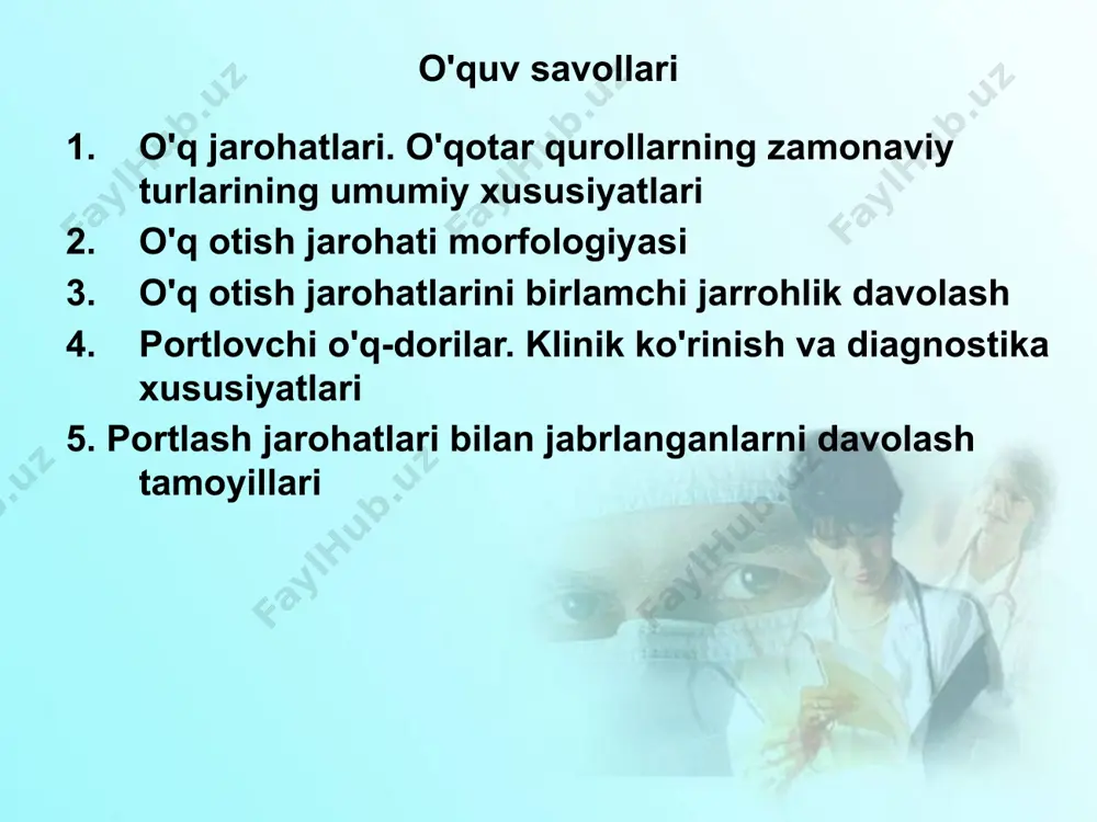 shikastlanish elektr shikastlanishi birlashtirilgan yaralar radiatsiya jarohatlari bilan birgalikda jarohatlar kimyoviy shikastlanishlar bilan birgalikda jarohatlar bakteriologik qurollarning shikastlanishi bilan birgalikda jarohatlar mexanik-termik shikastlanishlar izolyatsiya qilingan, kombinatsiyalangan va ko'p jarohatlar yaralanish - to'qimalarning shikastlanishi jarayoni va unga etkazilgan zarar natijasida yara kanali bo'ylab va organizmda yuzaga keladigan patologik o'zgarishlar majmui. s.i.banaitis: " o'q otish jarohati - bu jarohat kanali bo'ylab har doim uzunligi, kengligi va yo'nalishi bo'yicha individual to'qima nuqsonining shakllanishi, jarohat kanali atrofida o'lik zonaning mavjudligi bilan chegaradosh to'qimalarning oziqlanishi va innervatsiyasining buzilishi. har doim mikroblar va begona jismlar bilan ifloslangan va har doim tananing shikastlanishga aniq umumiy reaktsiyasi bilan birga keladigan yaralangan hudud. belarus respublikasi qurolli kuchlarida xizmat qilish uchun qabul qilingan o'qotar qurol yarador snaryadlarning qisqacha tavsifi past tezlik o'rta tezyurar yo'llar yuqori - tezyurar yo'llar 300 m/s gacha 300-750 m/s 750-1200 m/s pistol pm avtomatik akm avtomatik ak-74 kalibr 9 mm kalibr 7,62 mm kalibr 5,45 mm …