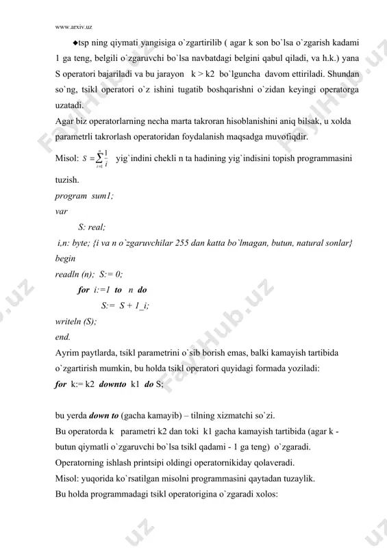 shartning bajarilishi yoki bajarilmasligiga bog`lik holda bo`ladi. bu hollarda re`eat yoki while tsikl operatorlaridan foydalanish zarur. agar tsikldan chiqish sharti, takrorlanuvchi jarayonning oxirida joylashgan bo`lsa re`eat operatoridan, bosh qicmida joylashgan bo`lsa while operatoridan foydalanish maqsadga muvofiqdir. re`eat operatorining yozilish formasi quyidagicha bo`ladi: re`eat s1; s2; ... sn until b; bu yerda re`eat (takrorlamoq), until ( gacha) - xizmatchi so`zlar; s1, s2, ..., sn lar esa tsikl tanasini tashkil etuvchi operatorlar; b - tsikldan chiqish sharti (mantiqiy ifoda). operatorning ishlash printsipi juda sodda, yahni tsiklning tanasi b mantiqiy ifoda rost qiymatli natija bermaguncha takror - takror hisoblanaveradi. misol sifatida, yana yuqoridagi yig`indi hisoblash misolini olaylik. program sum2; var i, n: byte; s: real; begin readln(n); s: =0; i:=1; re`eat s:= s+1_i; i:=i+1; until i>n; writeln (s) end. ayrim takrorlanish jarayonlarida tsikldan chiqish shartini ifodalovchi mantiqiy ifoda hech qachon true (rost) qiymatga erishmasligi mumkin. bu xolda programmaning takrorlash qismi cheksiz marta qaytadan …