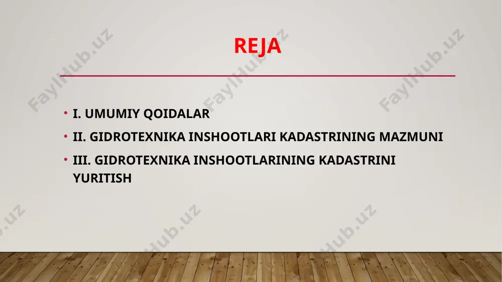 dan yuritiladi. gidrotexnika inshootlari kadastrini yuritish yuklangan organlar gidrotexnika inshootlarining texnik holati va xavfsizligi ustidan nazorat (monitoring)ni ta’minlaydilar. gidrotexnika inshootlari kadastr ma’lumotlarini yangilashda inshootning tavsifnomasiga va texnik holatiga ta’sir qiluvchi rekonstruksiya qilish va kapital ta’mirlash va boshqa omillar natijasida ro`y bergan o`zgarishlar aniqlanadi va ro`yxatdan o`tkaziladi. inshootlar еgalari bir oy muddatda gidrotexnika inshootlari kadastrini yuritish yuklangan organlarga ko`rsatib o`tilgan o`zgarishlar haqida axborot taqdim еtishga majburdirlar. e’tiboringiz uchun raxmat image2.jpeg image3.jpeg image4.jpeg image5.jpeg image6.jpeg image1.jpg