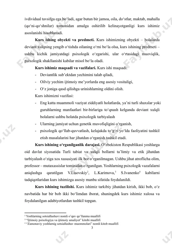 alarini har jihatdan oʻrganish tashkil etadi. kurs ishining oʻrganilganlik darajasi. oʻzbekiston respublikasi yoshlarga oid davlat siyosatida turli tabiat va xulqli bollarni ta’limiy va etik jihatdan tarbiyalash oʻziga xos xususiyati ilk bor oʻrganilmagan. ushbu jihat atroflicha olim, professor – mutaxassislar tominidan oʻrganilgan. yoshlarning psixologik vazafalarni aniqlashga qaratilgan v.lisovskiy[footnoteref:2], l.karimova,[footnoteref:3] s.ivanenko[footnoteref:4] kabilarni tadqiqotlaridan kurs ishimizga asosiy manba sifatida foydalanildi. [2: yoshlarning sotsiallashuvi nomli o’quv qo’llanma muallifi] [3: “ijtimoiy psixologiya va ijtimoiy amaliyot” kitobi muallifi] [4: “zamonaviy yoshlarnig sotsiallashuv muommolari” nomli kitob muallifi] kurs ishining tuzilishi. kurs ishimiz tarkibiy jihatdan kirish, ikki bob, oʻz navbatida har bir bob ikki boʻlimdan iborat, shuningdek kurs ishimiz xulosa va foydalanilgan adabiyotlardan tashkil topgan. i bob. deviant xulq-atvorli bolalar bilan ijtimoiy-pedagogik amaliyot yuritish 1.1. bolalarda deviant xulqning namoyon bo‘lish shakllari o‘smirlik – bolalar yoshining ichidagi eng qiyin va murakkab yoshdir. uni o‘tish davri deb ham ataydi. sababi, bu davrda bolalikdan kattalikka, bolag‘atga etmaganlikdan voyaga etadi, o‘smir har …