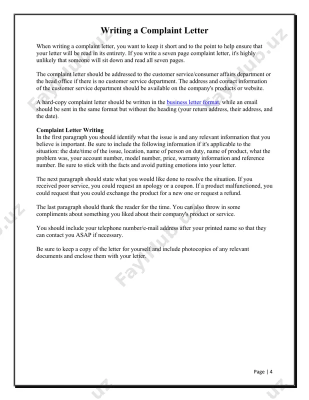 void putting emotions into your letter. the next paragraph should state what you would like done to resolve the situation. if you received poor service, you could request an apology or a coupon. if a product malfunctioned, you could request that you could exchange the product for a new one or request a refund. the last paragraph should thank the reader for the time. you can also throw in some compliments about something you liked about their company's product or service. you should include your telephone number/e-mail address after your printed name so that they can contact you asap if necessary. be sure to keep a copy of the letter for yourself and include photocopies of any relevant documents and enclose them with your letter. page | 5 sample dear sir or madam: i have recently ordered a new pair of soccer cleats (item #6542951) from your website on june …