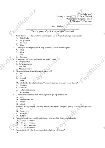 tarixiy geografiya test savollari (3-variant) — DOC
