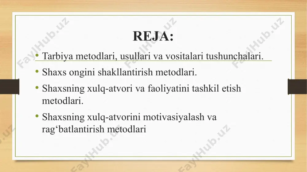 imoiy ongini shakllantirish metodlari ijtimoiy xulqni shakllantirish metodlari odatlantirish etik suhbat hikoya mashqlantirish pedagogik talablar ma’ruza izohlash tushuntirish qaysi guruhda rag‘batlantirish metodlari to‘g‘ri tasnif etilgan? 1. hikoya, ma’qullash, ko‘nglini ko‘tarish, tushuntirish, dalda berish, ishonch bildirish, namuna 2. rag‘batlash, jazolash, ma’qullash, ko‘nglini ko‘tarish, dalda berish, ishonch bildirish, mukofotlash, tanbeh berish, tashakkur bildirish. 3. mashq, rag‘batlash, o‘rgatish, jazolash, ma’qullash, dalda berish, hikoya, tushuntirish, talab, topshiriq berish 4. suhbat, ogohlantirish, tarbiyalovchi vaziyat, o‘rgatish, jazolash, ma’qullash, dalda berish, hikoya, nazorat. quyidagi vaziyat bilan tanishing va ularni hal eting keys bayoni oshxonada ovqat tayyorlayotgan onasining yoniga kelgan 2-sinf o‘quvchisi sardor kartoshkani tozalamoqchi bo‘ldi. biroq, onasi: “pichoqni joyiga qo‘y! u o‘g‘il bolalar qiladigan ish emas!”, - dedi. sardor katoshkani tozalashni juda-juda xohlagani uchun pichoqni joyiga qo‘yishni istamadi. bundan jahli chiqqan onasi uning qo‘lidan pichoqni tortib oldi. onasining keskin harakatlaridan qo‘rqib ketgan sardor yig‘lab yubordi va o‘zining xonasiga chiqib ketdi. keys savollari 1. onasi bu kabi keskin …