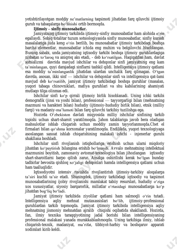 da vujudga kelgan yangi turdagi birdamlikni dyurkgeym organik birdamlik deb ataydi. mehnatning taqsimlanishi individlarda o‘zlariga xos qobiliyatlarning rivojlanishiga omil bo‘ladi. endi har bir individlarning o‘zi esa bir-birlariga bog‘liq bo‘ladilar va ular sotsial munosabatlarning yagona tizimi orqali birdamlik tuyg‘ulariga erishadilar. ko‘pgina g‘arb olimlari ijtimoiy mulkka asoslangan kooperatsiyaning ser mahsulligini inkor etib keladilar. ularning fikricha, butun jamiyat bilan ishlab chiqarish vositalarini guruhlar mulki qilib berish kerak. agar ishlab chiqarish vositalari ijtmoiy mulk xususiyatiga ega bo‘lsa, «ma’muriyat» xalqdan ajralib qoladi va shu sabab tufayli byurokrat boshqaruvchilar tashkiloti vujudga kelishi mumkin. o‘z-o‘zidan tabiiyki, bu jarayonlar natijasida ishchilar o‘z mehnatlaridan mafaatdorlikni his qilmaydilar. mazkur taxminlarning aksariyati o‘z isbotlarini topdilar. ayniqsa, yarim mustamlakachilik davrida, bizning diyorda soxta birdamlik asosidagi kooperatsiyalashtirish ko‘plab salbiy oqibatlarni keltirib chiqardi. mehnatning 1 introduction to sociology. р.41 ijtimoiy taqsimoti va kooperatsiya niqobi ostida bizning xudud xom-ashyo yetishtiradigan respublikaga aylandi. jamiyatimizda tub ma’nodagi birlashma jarayoni faoliyat ko‘rsatmadi. prezidentimiz i.a.karimov ta’kidlab ko‘rsatganlaridek, ―o‘z-o‘zini boshqarishning …