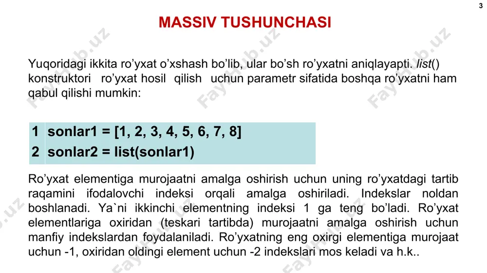 at qilish * ro’yxat elementlarini birma-bir ko’rib chiqish uchun for yoki while takrorlash operatorlaridan foydalanish mumkin. for orqali birma-bir ko’rib chiqish: while orqali birma-bir ko’rib chiqish: 1 2 3 poytaxtlar = ['london', 'parij', 'moskva', 'tashkent'] for poytaxt in poytaxtlar: print(poytaxt) 1 2 3 4 5 poytaxtlar = ['london', 'parij', 'moskva', 'tashkent'] i = 0 while i < len(poytaxtlar): print(poytaxtlar[i]) i += 1 алгоритмы и программирование, язык python, 10 класс  к.ю. поляков, е.а. ерёмин, 2018 http://kpolyakov.spb.ru massiv elementlariga murojaat qilish * bu erda while sikli orqali birma-bir ko’rib chiqishda len funksiyasidan foydalanilgan bo’lib, uning yordamida ro’yxat uzunligi olinadi. bundan tashqari sanagich vazifasini bajaruvchi i o’zgaruvchisi bilan ro’yxatdagi barcha elementlarga murojaat amalga oshirilgan. ro’yxatlarni taqqoslash. ikkita ro’yxat bir xil elementlardan tashkil topgan bo’lsa, bunday ro’yxatlar teng hisoblanadi. 1 2 3 4 5 6 nums1 = [0, 1, 2, 3, 4, 5, 6, 7, 8, 9] nums2 = list(range(10)) if nums1 == …