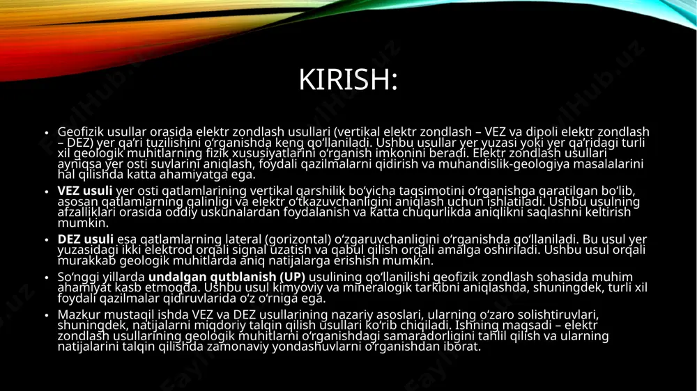 qo‘llaniladigan zamonaviy usullardan biridir. ushbu usul elektr maydoni ta’sirida minerallarning qutblanish hodisasini o‘rganishga asoslangan bo‘lib, yer osti konlarini qidirishda muhim rol o‘ynaydi. up usulining nazariy asoslari undalgan qutblanish hodisasi elektr maydoni ta’sirida minerallar yoki tuproq zarralarining zaryad yig‘ish vaqti (elektr sig‘imi) bilan bog‘liq. bunda elektr signallari yerga yuboriladi va yer osti qatlamlarida induktsiyalangan zaryadlar hosil bo‘lishi kuzatiladi. hosil bo‘lgan zaryadlarning o‘lchami va davomiyligi yer osti muhitining tarkibi va tuzilishi haqida ma’lumot beradi. up usulining afzalliklari yer ostidagi foydali qazilmalarning kimyoviy tarkibini aniqlash imkoniyati. suvli qatlamlarning mavjudligi va tuzilishini aniqroq aniqlash. oddiy elektr zondlash usullari aniqlay olmaydigan kichik farqlarni qayd etish. amaliy qo‘llanish sohalari foydali qazilma konlarini, ayniqsa metall va mineral resurslarni qidirish. yer osti suvlarining zaxiralarini o‘rganish. geotermal resurslarni aniqlash. qurilish maydonlarida tuproqning fizik xususiyatlarini baholash. up usulini o‘tkazish jarayoni elektr tok yerga uzatiladi va hosil bo‘lgan elektr maydon tufayli qatlamlarda zaryad yig‘ilish jarayoni yuz beradi. maxsus uskunalar yordamida undalgan …