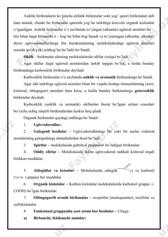 shda induktiv va mezomer effektlarni yig’ma ta’sirini hisobga olish zarur. hamma o’rinbosarlar molekuladagi elektron zichligni oshiradimi yoki kamaytiradimi ularga elektronodonorlar yoki elektron akseptorlar deb qaraladi. quyidagi jadvalda o’rinbosarlarning elektron effektlari keltirilgan o’rinbosar elektron effektlar o’zaro bog’langan sistemalarda o’rinbosarlarning elektron ta’sirlari yig’indisi induktiv mezomer alkil (-ch3 ,-c2h5 va boshqalar + j - elektronodonorlar · nh2 · nh alk · nalk2 - j + m elektronodonorlar (+ m >> - j ) _- oh - j + m elektronodonorlar (+ m > - j ) alkeksi ( - o ch3, - oc2h5 va boshqalar) - j +m elektronodonorlar (+ m > - j ) galogenlar - j +m elektronoakseptor (- j > + m) - no2 - j +m elektronoakseptor - cooh -j - m elektronoakseptor - so3 h -j - m elektronoakseptor > c = o -j - m elektronoakseptor testlar № 1 alkanlarning umumiy fomulasini aniqlang? cnh2n+2 cnh2n-2 cnh2n cnh2n-6 …