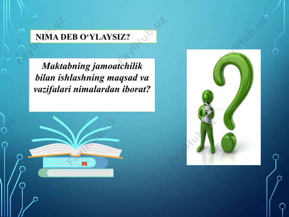 ni boshqara olmagan odam rahbar bo‘la olmaydi” (napoleon) muloqot uchun qulay joy yaratish. sizning menejer sifatidagigi vazifangiz – sizning jamoangizda axborot almashish jarayoni aniq va uzluksiz bo‘lishiga ishonch hosil qilish. his-tuyg‘ularni ifodlash va g‘oya almashishda to‘siqlarga yo‘l qo‘ymaslik. aksincha, buni rag‘batlantirish. siz robotlar emas, balki insonlar bilan ishlaysiz. xonangiz eshigini ochiq saqlang. ochiq eshik siyosati ishchilaringiz istagan vaqtlarida siz bilan muloqotga kirisha olishlari mumkin ekanligini eslatib turadi. xodimlaringiz bilan yillik va choraklik muloqotning o‘rniga har oyda yakka xolda uchrashishni reja qiling, bu orqali esa xodimingizning rivojlanish darajasi, mehnat faoliyatida o‘zlarini qanday xis qilayotganligi va sizdan nima istayotganlari haqida bilib olishingiz mumkin. . menejerning ishfaoliyatidagi muloqt jarayonini samarali tashkil qilish usullari o‘zingizdan boshlang ish jarayonida samarali muloqot jarayonini amalga oshirishga yordam beruvchi yangi odatlarning tashabbuskori bo‘ling. masalan, ish kunining boshida jamoangizni kayfiyatini ko‘tarish maqsadida ularga “xayrli tong”, tilang va shunga muvofiq javob oling. savollar bering, fikrlarni tanqid qilishdan qoching, o‘z tuyg‘ularingizni …