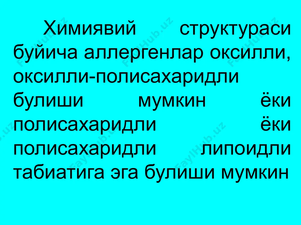 лаб чикарилади. пассив сенсибилизацияда реципиент организмга, сенсибилизацияланган организмдан зардоб олиб, тайёр антитело юбориб сезувчанлик орттирилади. десенсибилизация анафилактик шокдан сунг денгиз чучкаси улмасдан колса анча вактгача антигенга нисбатан рефрактор булиб колади. сенсибилизация холатидан чикишга десенсибилизация ходисаси дейилади. анафилаксик патогенези: гуморал целлюлер нерв-рефлектор патергик адонинг пилиергик назарияси: иммунобиологик фаза юборилган антигенга нисбатан антитело; патохимическая фаза антиген антитело комплекси хосил булиши натижасида биологик актив моддалр хосил булиши; патофизиологик фаза медиаторлар таъсирида турли структураларни узгариши; анафилактик реакциялар пайтида ажраладиган медиаторлар медиаторларни номи асосий манбаси таъсир механизми гистамин базофиллар, мастоцитлар контомирларини кенгайтиради капиллярларни утказувчанлигини оширади, бронхларни торайтиради серотонин ички орган хужайраларида синтезланиб тромбоцитларда сакланад юрак-кон томирлар фаолиятини тромбоцитар реакцияларни реагуляциясидаги иштироки булади эозинофилларни хемотоксик омили мостоцитларда эозинофиллардан вазоактив фермент- ингибиторларини ажралишини таъминлайди нейтрофилли хемотоксик омил мостоцитларда нейтрофиллардан ажралган субстанция яллигланиш билан жавобининазорат килади гепарин мостоцит эозинофиллар гистамин ажралишини назорат килади простагландинлар полиморф ядроли лейкойит, тромбоцитлар мостоцитлар яллигланишни кучайтирувчи медиаторлари, бронхоспазм упка гипертензияси, утказувчанликни ортиши,томирларни кенгайиши …
