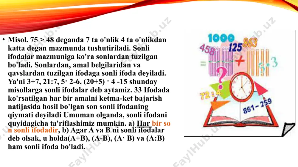 o'ladi. 3· 5-7; 12:4 + 3 va hokozolar. amallar tartibi qoidalarni o'rganish ii sinfda boshlanadi va quyidagi tartibda amalga oshiriladi: a) oldin qavslarsiz ifodalarga qaraladi. sonlar ustida birinchi bosqich amallari (qo'shish va ayirish) yoki ikkinchi bosqich amali (ko'paytirish va bo'lish) amallari bajariladi. 70 - 20 + 6; 12 · 4 : 3; ko'rinishdagi ifodalar nazarda tutiladi. o'quvchilar bu vaqtga kelib bunday ifodalarni o'qiy oladigan, yoza oladigan va ularning qiymatlarini topa oladigan bo'lishadi. b) shu sababli bir qancha shunday ifodalar muhokamasidan keyin o'quvchilar ushbu qoida bilan tanishadilar: agar qavslarsiz ifodalarda faqat qo'shish yoki ayirish amallari ko'rsatilgan bo'lsa, shu tartibda, ya'ni chapdan o'ngga qarab bajariladi. v) bir qancha shunday ifodalardan so'ng o'quvchilarning o'zlari tegishli qoidani ifodalay oladilar. ifodani almashtirish bu berilgan ifodani, boshqa qiymati berilgan ifoda qiymatiga teng bo'lgan ifoda bilan almashtirish deganidir. boshlang'ich sinflarda ifodalarni almashtirishda quyidagilar asosida bajariladi: a) bir xil qo'shiluvchilar yig'indisini ko'paytma bilan almashtiriladi. ; 3+3+3+3=3· 4 yoki …