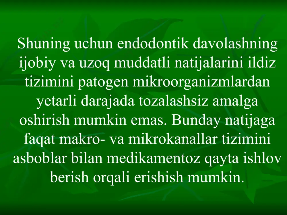 xlorit eritmasining antibakterial ta'siri 0,5% eritmadan 3,5 baravar yuqori, 5,5% eritma esa 5,5 baravar samaralidir. lekin !!! 5% natriy gipoxlorit eritmasi juda zaharli! biologik nuqtai nazardan, eng maqbul foydalanish 1-2% natriy gipoxlorit eritmalaridir. natriy gipoxloritining xususiyatlari optimal ta'sir harorati 21 – 40 daraja. maksimal bakteriostatik ta'sirga 37 darajagacha qizdirish orqali erishiladi. dastlabki 15 daqiqada natriy gipoxloritning 2% eritmasi pulpa to'qimasining 15%, 60 daqiqadan so'ng - 45%, 2 soatdan keyin - butun pulpani eritadi. paramonoclorophenol bu juda faol mahalliy antiseptik. suyuq suyuqlik bo'lib, sirt tarangligining kichik koeffitsientiga ega. bug 'holatidagi uning ba'zi tarkibiy qismlari bosimni oshirib yubordi, bu hatto yomon o'tadigan kanallar va dentin naychalarga ham kirishni osonlashtiradi, bakteritsid va fungitsid ta'sirini kuchaytiradi. tarkibi: paramonoxlorofenol + kamfora: xlorofenol, 96 ° etanol, suvsizlangan suv, 3,5% kamfora qon, qon zardobi va oqsillar bilan aloqa qilganda o'z xususiyatlarini yo'qotmaydi irrigatsiya (lot. irrigatio - sug'orish, suv o'tkazish) maqsadlar: 1. organik va noorganik qoldiqlarning kimyoviy eritilishi, …