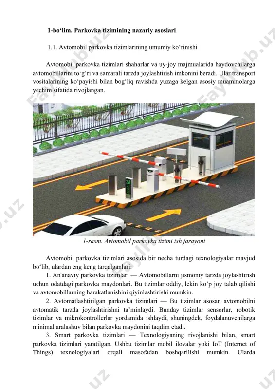 robotik tizimlar va mikrokontrollerlar yordamida ishlaydi, shuningdek, foydalanuvchilarga minimal aralashuv bilan parkovka maydonini taqdim etadi. 3. smart parkovka tizimlari — texnologiyaning rivojlanishi bilan, smart parkovka tizimlari yaratilgan. ushbu tizimlar mobil ilovalar yoki iot (internet of things) texnologiyalari orqali masofadan boshqarilishi mumkin. ularda foydalanuvchilar mavjud parkovka joylari haqida real vaqt rejimida ma'lumot olishlari mumkin. 4. ultrasonik datchiklar va masofa o‘lchash tizimlari — avtomobil parkovka tizimlarida ko‘pincha ultrasonik datchiklar ishlatiladi. ushbu datchiklar avtomobilning oldida yoki orqasida masofani o‘lchash uchun ishlatiladi va haydovchiga to‘g‘ri parkovka maydonini tanlashda yordam beradi. avtomobil parkovka tizimlarining samaradorligini oshirish uchun sensorlar va mikrokontrollerlardan foydalanish orqali avtomatlashtirish tizimlari yaratilib, haydovchilarga qulaylik yaratish mumkin. avtomobil parkovka tizimlarining asosiy maqsadi — joyni tejash, xavfsizlikni ta'minlash, va transport vositalarining harakatlanishini optimallashtirishdir. 1.2. ultrasonik datchiklarning ishlash prinsipi va qo‘llanilishi ultrasonik datchiklar zamonaviy avtomobil parkovka tizimlarida keng qo‘llaniladigan muhim komponentlardan biridir. ushbu datchiklar, masofani o‘lchash va ob'ektlarni aniqlash uchun ultratovush to‘lqinlaridan foydalanadi. 2-rasm. ultrasonik …