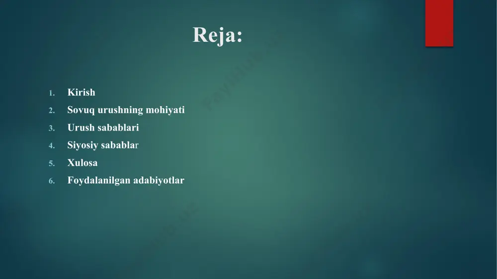 i bo'yicha diplomatik kelishuvga erisha olmadilar. shuning uchun ham kapitalistik amerika ham, sotsialistik sovet ittifoqi ham boshqa davlatlarning siyosati va rejimlariga bir-birining ta'sirini kuchaytirishdan qo'rqardi. bu ta'sir doiralari va yagona super kuch maqomi uchun kurash edi. iqtisodiy sabablar davlatlarning iqtisodiy imkoniyatlari ham siyosiy qarorlar, g'alaba va mag'lubiyatlarga bog'liq. do'st mamlakatlar o'rtasida barcha turdagi iste'mol uchun xom ashyo va tayyor mahsulotlar almashinuvi mavjud. shunday qilib, sssr va aqsh o'rtasidagi kurash o'zlarining va boshqa xalqlarning resurslarini ayirboshlash bozorlari uchun ham kurash olib bordi. tashqari, boshqa davlatlarning hududlarini nazorat qilish orqali ularning resurslari, jumladan, neft, gaz va foydali qazilmalar kabi muhim resurslar ham nazorat qilinadi. va agar davlat hokimiyati qaram mamlakatlarning barcha imtiyozlarini tasarruf etmasa ham, ularni hech bo'lmaganda tashqi ta'sirdan cheklaydi. tarixdagi aksariyat urushlar faqat mamlakatlar iqtisodiyotini rivojlantirish uchun olib borilgan va sovuq urush ham bundan mustasno emas edi. harbiy sabablar sssr ham, aqsh ham ikkinchi jahon urushi davrida bir tomonda kurashgan …