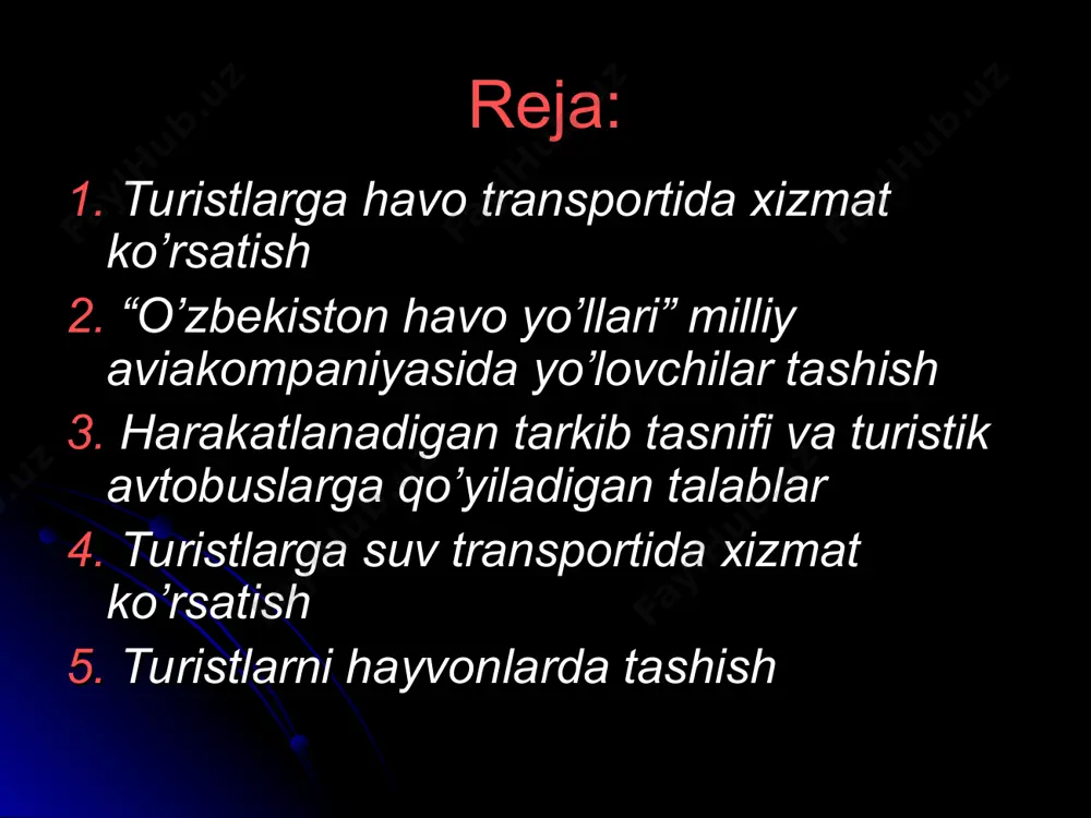 ish to’g’risidagi farmon 1992-yil 28-yanvarda imzolandi. shu sanadan e’tiboran mustaqil o’zbekistonning fuqaro aviatsiyasini rivojlantirish davlat dasturi amalga oshirida boshlandi. u samolyot parkini qayta tashkil etishni, mavjud aeroportlarni rekonstruksiya qilish va yangi aerovokzal komplekslari qurishni, ikao talablariga muvofiq aeroportlarni qayta jihozlashni, yuqori malakali kadrlar tayyorlash bazasini vujudga keltirishni o’z ichiga olar edi. bugungi kunda “o’zbekiston havo yo’llari” milliy aviakompaniyasi jahonning yetakchi aviatashuvchilari qatoridan munosib o’rin egallagan. aviakompaniyaning xalqaro havo yo’llari amerika va g’arbiy yevropadan yaponiya va malayziyagacha bo’lgan hududlarni qamrab oladi. tarix sahifalari 1992-yil londonga birinchi reys amalga oshirildi. karachi, dehli, kuala-lumpur, tel-aviv, pekinga yangi xalqaro marshrutlarni o’zlashtirishga kirishildi. 1993-yil toshkent birinchi marta a-310 aerobusini qabul qildi. frankfurt va bangkokga reyslar ochildi, aviakompaniya mdx da birinchi bo’lib yevropa sifat sertifikatini oldi. 1994-yil afina, manchester, seulga reyslar ochildi. yana bir a-310 aerobusi sotib olindi. 1999-yil toshkent-kiyev-nyu york yangi qit’alararo trassasi ochildi. yapon turistlarini nagoyadan toshkentga tashish bo’yicha charter dasturi bajarildi. 2000-yil rim, …