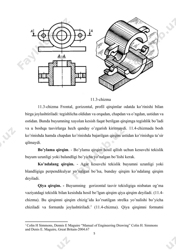 i. bunda burish, yo’nalishi qarashi yo’nalishiga mos bo’lmasligi mumkin. agar burilgan tekisliklar asosiy tasvirlar tekisligidan biriga parallel bo’lib qolsa, silliq qirqim o’sha tekislikdagi tegishli ko’rinish o’rnida tasvirlanadi. (11.7-chizma). kesuvchi tekislik aylanayotganda buyumning tekislik orqasida elementni qo’zg’atmaydi: ularni tegishli tasvir tekisligiga qanday tasvirlansalar shu holda tasvirlanadi. buyumning kesuvchi tekislik orqasida b turtib chiqqan element burilishida qatnashmaydi 11.7-chizma maxalliy qirqim. buyumning biror kichik qismini aniqlash maqsadida berilgan qirqim mahalliy qirqim deb ataladi. mahalliy qirqim to`lqinsimon tutash chiziq bilan chegaralanishi zarur. 11.8-chizma kesimlar buyumlarni bir yoki bir nechta tekislik bilan xayolan kesganda, uning yuzasida ҳosil bo’ladigan tasvir “kesim” deb ataladi. kesimlar 11.9-chizmada richagning chizmasi berilgan. bosh ko’rinish va ustidan ko’rinish richagni hamma elementlari xaqida to’liq tushuncha bermaydi. uning uchinchi ko’rinishi ham richagni shakli xaqida kerakli ma’lumotni bermaydi, chunki unda ko’p ko’rinmaydigan, chizmani xiralashtiradigan kontur chiziqlar hosil bo’ladi. bunday buyumlar shaklini bilish uchun kesim qo’llaniladi. 11.9-chizma kesim. o’dst 2.305-97 ga muvofiq buyumning bitta yoki …