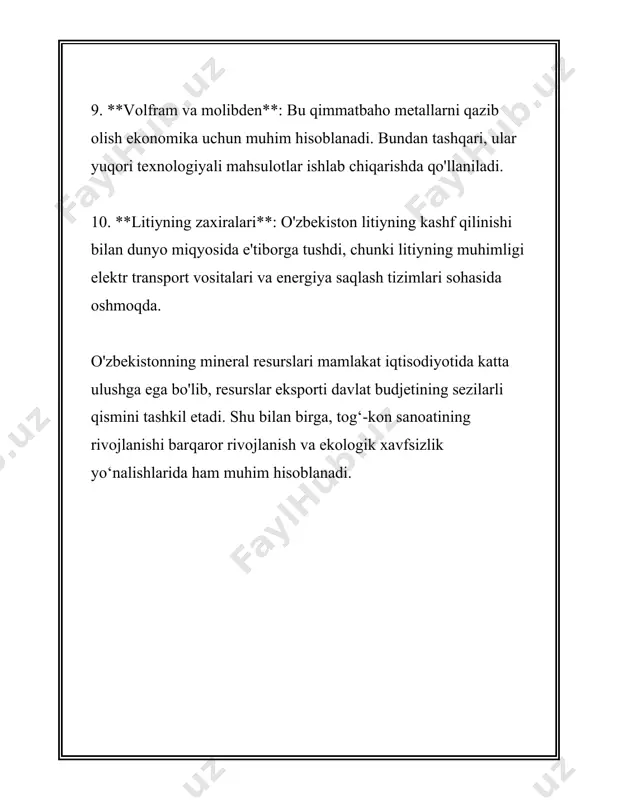 bu ikki kon ham o‘zbekistondagi muhim zaxiralarni tashkil etadi. o‘zbekistondagi oltin ishlab chiqarishda katta rol o‘ynaydi va mamlakatning iqtisodiy kuchini oshirishga yordam beradi. o‘zbekiston hukumati oltin qazib olish sohasi uchun yangi investitsiyalar jalb qilish maqsadida turli chora-tadbirlar ko‘rmoqda. yangi texnologiyalar va zamonaviy uskunalar yordamida bu sohada yangi yutuqlarga erishish ko‘zda tutilgan. shu bilan birga, kon sohasidagi xavfsizlik me’yorlariga qat’iy rioya qilish hamda atrof-muhitni muhofaza qilish choralari keng ko‘lamda amalga oshirilmoqda. o‘zbekistonning oltin konlari nafaqat mamlakat iqtisodiyoti uchun, balki uning xalqaro nufuzini oshirishda ham muhim rol o‘ynamoqda. mamlakatning oltin eksporti xalqaro bozorda katta qimmatbaho metallar kapitalisi sifatida xizmat qiladi va o‘zbekistonni mintaqadagi yetakchi davlatlardan biri sifatida dunyoga tanityapti. shu nuqtai nazardan, oltin qazib chiqarishini oshirish va yangi konlarni rivojlantirish o‘zbekistonning uzoq muddatli strategik rejasiga kiradi. bu borada xalqaro hamkorlik aloqalarini kengaytirish, xorijiy investitsiyalarni jalb qilish orqali ilg‘or texnologiyalarni tatbiq etish rejasi bor. 4. neft va gaz resurslari albatta, men sizga neft …
