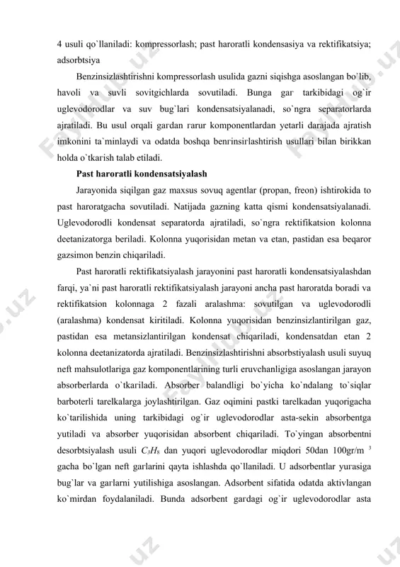 ri 50dan 100gr/m 3 gacha bo`lgan neft gaгlarini qayta ishlashda qo`llaniladi. u adsorbentlar yuгasiga bug`lar va gaгlarni yutilishiga asoslangan. adsorbent sifatida odatda aktivlangan ko`mirdan foydalaniladi. bunda adsorbent gaгdagi og`ir uglevodorodlar asta -sekinlik bilan to`yinadi. yutilgan uglevodorodlarni haydash va adsorbentni qayta tiklash uchun o`ta qizdirilgan suv bug`i bilan ishlov beriladi. adsorbentdan haydalgan suv va uglevodorod bug`lari aralashmasi sovutiladi va kondensastiyalanadi, hamda olingan beqaror benzin osongina suvdan ajratiladi. adsorbtsiyalash jarayonlari qo`llanilishidagi kamchiligi ularning davriy ishlashidir. gazlarni quritish gazlardan suv bug`larini ajratish zaruriy operasiya bo`lib, bunga sabab -gazlarni komponentlarga ajratish jarayoni ko`pincha juda past temperituralarda (-100°c) amalga oshiriladi. suv ayrim katalizatorlarni zaxarlaydi, u uglevodorodlar bilan quvurlarga tiqilib qoluvchi katalizatorlarni zaharlaydi, u uglevodorodlar bilan quvurlarga tiqilib qoluvchi kristallogidratlar hosil qila oladi. kuritishni suyuq ea qattiq qurituvchilar yordamida amalga oshiriladi. suyuq qurituvchilar sifatida ko`p atomli spirtlar -di-va trietilenglikollar qo`llaniladi. quritish jarayoii qarama-qarshi oqimda xarakatlanuvchi gaz va qurituvchi vositasida kolonnada amalga oshiriladi. jarayon normal sharoitda olib …