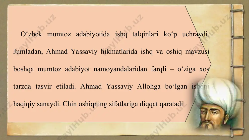 avo derlar» (mashrab). ishqning bunday xususiyatlarini ta’ri�ab alisher navoiy «mahbub ul-qulub» asarida yozadi: «buni ko‘rmagan kishi bilmas va bunga yetmagan kishi bovar (ishonch) qilmaskim, hijron-u ⟨roq mundin iboratdur...» shu ishq tavsi⟨ga bag‘ishlab navoiy «layli va majun» dostonini yozgani sizga ma’lum. ahmad yassaviy ta’kidlaydiki, ishq odamning «majnun sifat aqlin olib laylo qilur», yana davomidan ta’kidlaydi – «olloh haqqi bu so‘zlarni yolg‘oni yo‘q». demak, yassaviy hikmatlaridagi ishq mavzusini, oshiq holini bilish uchun nisbatan kengroq tushunchalar, sharq mumtoz adabiy otidagi o‘ziga xos tasavvuf falsafasini ham anglash kerak bo‘ladi. ahmad yassaviy hikmatlari fikrni kengaytirish uchun vosita, uni o‘qib, anglash orqali hikmatgo‘y shoir ruhini, dardini, qalbini, so‘zini anglash mumkin, albatta. ahmad yassaviyning «rabbim yodi ulug‘ yoddur aytur bo‘lsam» deb boshlanadigan hikmati unchalik murakkab emas. birinchi misradayoq she’r mavzu yo‘nalishini anglab olish mumkin. zotan, yaratguvchini yodlash odamni xotirjam qiladi, achchiq tili shirin tilga aylanadi. rabbim yodi ulug‘ yoddur aytur bo‘lsam, asal yanglig‘ suchuk bo‘lur tilim mening. …