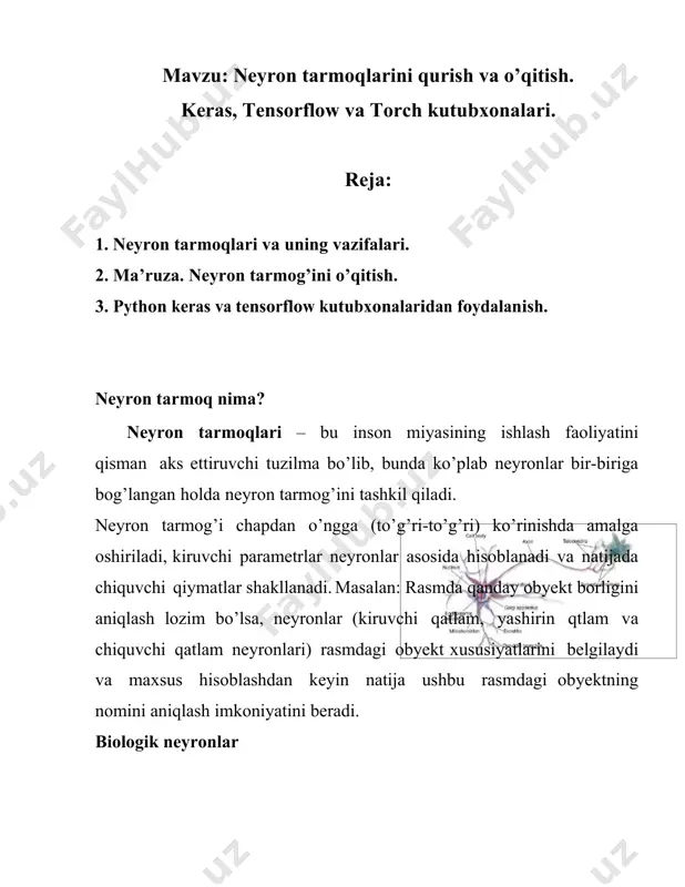 ..,ln)] neyron tashkil etuvchilari x-parametr (kiruvchi ma’lumotlar) w(weight)-og'irlik koeffitsenti b(bias)-ozod had y=x*w+b xususiy hol uchun) kiruvchi qatlam (input layer) – obyektga tegishli bo’lgan kiruvchi ma’lumotlar (masalan,28x28 o’lchamdagi tasvir bo’ladigan bo’lsa, 784 ta kiruvchi parametr); chiquvchi qatlam (output layer) – hisoblash natijasini ko’rsatadigan natijaviy qatlam; yashirin qatlamlar (hidden layer) – neyron tarmog’ida asosiy hisoblashlarni amalga oshiruvchi ko’p sathli (yoki bitta sath) neyronlar jamlanmasi; bog’lanishlar va og’irlik koeffitsentlari (weights) – neyron tarmog’idagi bog’lanish koeffitsentlari hisoblanadi, bunda kiruvchi sath neyronlari ushbu koeffitsentlarga kop’paytirish orqali,agar tarmoq bir nechta sathdan iborat bo’lsa unda natijaviyqatlam, keyingi qatlam uchun kiruvchi sath bo’lib hisoblanadi va ularning ham og’irlik koeffitsentlari bo’ladi. faollashtirish funksiyasi (activation function, transfer function)–chiquvchi qatlam uchun qiymatlarni muvoffiqlashtiruvchi funksiya (softmax, relu) hisoblanadi o’qitish qoidasi (learning rule) - bu tarmoqqa berilgan kirish uchun qulay natijaga erishishda neyron tarmoq parametrlarini o'zgartiradigan qoida yoki algoritm. neyron qanday ishlaydi? misol uchun oldingi slaydda berilgan rasmga ko’ra 3 ta kiruvchi parametrlar …