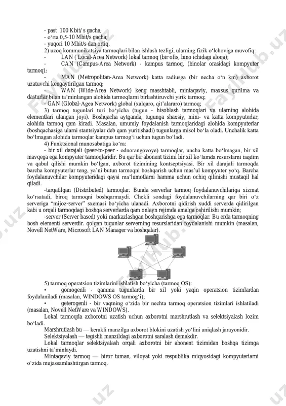 ing eng keng tarkalgan tarmogʻi - elektron pochta orqali axborot almashuvni amalga oshirishdir. tarmoqning asosiy vazifasi foydalanuvchining taqsimlangan umumtarmoq resurslariga oddiy, qulay va ishonchli ҳimoyalangan xolda axborotdan jamoa boʻlib foydalanishni tashkil etish. shuningdek, foydalanuvchilar tarmoqlari oʻrtasida ma’lumotlarni uzatishning qulay va ishonchli vositasini tahminlash. umumiy axborotlash davrida katta hajmdagi axborotlar lokal va global kompyuter tarmoqlarida saqlanadi, qayta ishlanadi va uzatiladi. lokal tarmoqlarda foydalanuvchilar ishlashi uchun ma’lumotlarning umumiy bazasi tashkil etiladi. global tarmoqlarda yagona ilmiy, iqtisodiy, ijtimoiy va madaniy axborot makoni shakllantiriladi. ma’lumotlar bazasiga uzoq masofadan turib kirishda, umumiy ma’lumotlarni markazlashtirishda, ma’lumotlarni ma’lum masofaga uzatishda va ularni taqsimlab qayta ishlash borasida koʻpgina vazifalar mavjud. bularga bir qancha misollar keltirish mumkin: bank va boshqa moliyaviy tuzilmalar; bozorning ahvolini aks ettiruvchi tijorat tizimi (“talab-taklif”); ijtimoiy tahminot tizimi; soliq xizmati; oraliq masofadan turib kompyuter ta’limi; avia chiptalarni zaxira qilib qoʻyish tizimi; uzoqdan turib tibbiy tashxislash; saylov tizimi. koʻrsatilgan ushbu barcha qoʻshimcha ma’lumotlar toʻplanishi, saqlanishi va …