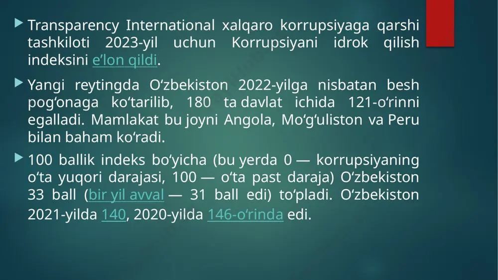 bor – yo’g’i bir marta chaqirilgan xolos. davlat xizmatchilari soni unchalik ko’p emas. ayniqsa, 90-yillardan keyin davlat xizmatchilari soni deyarli teng yarmiga, ya’ni 230.000 dan 127.000 ga qisqartirilgan. finlandiyada davlat xizmatchilarini korrupsiyalashuvidan saqlovchi muhim omillardan biri - ularning moddiy va ijtimoiy ta’minlanganligidadir. alohida ta’kidlash lozimki, finlandiyada ommaviy axborot vositalari ijtimoiy nazoratning muhim vositasi bo’lib xizmat qiladi. hukumat esa, ommaviy axborot vositalariga nafaqat erkinlik yaratib bergan, balki har bir e’lon qilingan korrupsiya holati bo’yicha aniq choralarni ko’rib boradi. finlandiya korrupsiyaga qarshi bir qancha xalqaro hujjatlarga qo’shilgan, xalqaro tashkilotlar va boshqa davlatlar bilan hamkorlik aloqalarini faol olib boradi. finland corruption index 2013-2022 finlandiyada nega ommaviy korrupsiya yo‘qligi va hech qachon bo‘lmasligi haqida 5 tushuntirish 1. finnlar aslo hashamat va dabdabaga o‘ch emaslar. dabdabayu as’a’sa — degenerat (tug‘ma jismoniy va ruhiy nuqsonlarga ega inson) lar uchun o‘rta asrlar sharqiga xos ko‘ngilxushlikdir. tilla unitaz, faqat degeneratlar uchun xolos. 2. finnlar o‘z xalqining boshqa vakillari …