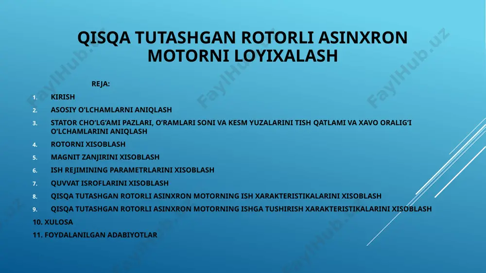 usuli iklimiy bajarilish kategoriyasi uz; izolyatsiya klassi g. mashinaning juft qutblar soni 2p=2 asosiy oʻlchamlarini aniqlash 1-rasmdan aylanish o’qining balandligini aniqladim: h=132mm , balandlikdan foydalanib statorning tashqi da=0,225m va ichki diametrini d= 0,140m aniqlab oldim. motorning hisobiy quvvati p’=8936 va ni hisoblab, elektromagnit yuklama a va xavo oralig’idagi magnit induktsiya v larning taxminiy qiymatini 2-rasmdan aniqladim: a=26*10³a/m; v=0,72 tl. 1- rasm asinxron motorni aylanish oʻqi balandligini aniqlash 2-rasm eletromagnit yuklama va magnit induksiyani aniqlash stator cho’lg’ami pazlari, o’ramlari soni va kesm yuzalarini tish qatlami va xavo oralig’i o’lchamlarini aniqlash tish bo’linmasining chegaraviy qiymatlarini 3-rasmdan va bo’lishi mumkin bo’lgan tishlar soni oralig’ini aniqladim: tz1max=16 mm va tz1min=14 mm. bu qiymatlar yordamida stator pazlarini aniqlab oldim z = 30 ta . bu punktida asosan pazdagi oʻramlar sonini w=90 , elektromagnit yuklama a=46*10^-3 a/m , mashina hovo oraligʻini magnit oqimini f=0,0119 vb va magnit induksiyalarni vb=0.907 tl hisobladim . stator choʻlgʻamidagi tok zichligini …