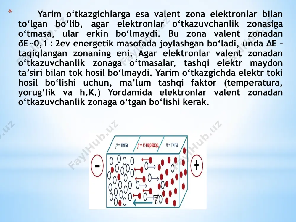 anlikki ega bo’ladi. ushbu elektr o’tkazuvchanlik yarim o’tkazgichlarning xususiy o’tkazuvchanligi deyiladi. ni  pi xususiy sharti bajarilganligi uchun quyidagiga teng bo’ladi: i  n   p yarim o’tkazgichning o’tkazuvchanligi  up )  qni (un (17) aralashmali o'tkazuvchanlik yarim o'tkazgichni to'g'ri va teskari ulash diodning ulanish sxemasi volt –amper xarakteristikasi yarim o'tkazgichli diod ko'rinishi tranzistorning ko'rinishi tranzistorning ulanishi diodni ulanish sxemasi diodni ulanish sxemasi diodni ulanish sxemasi o'zgarmas tok aynimagan elektron gazi uchun  3 2 u  t shartni hisobga olib va (15) ifodadan foydalanib, xususiy yarim o’tkazgichning o’tkazuvchanligi uchun quyidagicha formulani hosil qilamiz: 2kt eg    0 e  (18) bu ifodani yarim logarifmik masshtabda keltirish  ning (t) ga qanday bog’liqligini yaqqol ko’rsatadi 2kt eg ln   ln  0  (19) bu bog’lanish rasmda ko’rsatilgan. bu to’g’ri chiziqni abtsissa o’qi bilan kesishda hosil qilgan  -burchakning tangensi eg 2k ga tengdir. chiziqning …