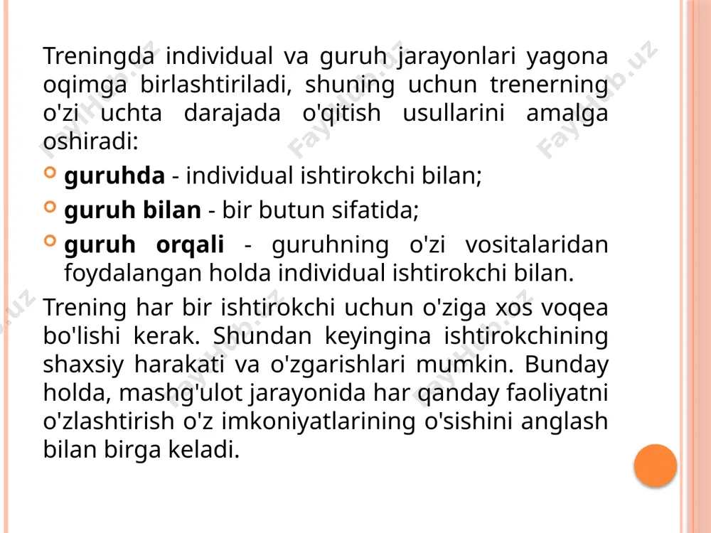 usullarini izlash va topish uchun o'z faolligini ko'rsatishdir. o'qitish paradigmasi sub'ektivlikni rivojlantirish sifatida insonning "sub'ekt" ekanligi haqidagi g'oyaga asoslanadi . asl ma'noda sub'ekt bo'lish (lotincha sub'ektumdan - sub'ekt) "quyi yolg'on" va "oldindan yolg'on" bo'lishni anglatadi, ya'ni. "asos" bo'lish . inson shuning uchun u sub'ekt sifatida qaraladi , chunki u nafaqat sub'ektiv tasvirlar, hissiy kechinmalar va hokazolar dunyosini , balki uning hayoti sodir bo'ladigan haqiqiy , "tashqi" dunyoni ham "zaminda" yotadi, boshqacha qilib aytganda, undan. u qanday dunyoda yashashi unga va faqat unga bog'liq! insonning sub'ekt bo'lishga intilishi , uning atrofidagi dunyo buni talab qilgani uchun emas, balki uning insoniy mohiyati shunday bo'lganligi uchun - o'z dunyosining sub'ekti bo'lmasdan , u chinakam shaxs bo'la olmaydi. ta'lim paradigmasi sub'ektivlikni rivojlantirish sifatida treningning asosiy maqsadi natija emas, balki jarayonning o'zi: muayyan odamning o'z dunyosini qurishdagi hozirgi muvaffaqiyatlari unchalik muhim emas, asosiysi bu jarayonning dinamikasi nimada. trener mijozning o'z yo'lini ochishi, o'z hayotining " …