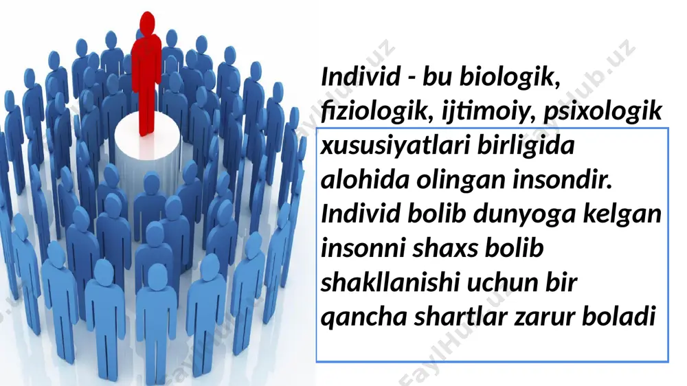 n – 12 yoshgacha). 3.oz shaxsini aniqlash - konforizmga qarama - qarshi (12 yoshdan – 18 yoshgacha). 4.samimiylikka, muloqotga intilish - shaxsiy psixologik chetlashishga qarama - qarshi (taxminan 20 yoshlarda). 5.yangi avlodni tarbiyalashdagi gamxorlik - «oz - oziga shongib ketishga» qarama - qarshi (30 va 60 yoshlar orasida). 6.yashab otgan hayotidan mamnun bolish - umidsizlikka qarama - qarshi (60 yoshdan song). toliq shakllangan shaxs quyidagicha ifodalanadi: toliqligicha- odam har xil sharoitlarda ozini boshqarishi iyerarxik- odam ozning biologik talablarini boshqarishi +aktiv hayotiy orni l.s.vigotskiy jahon psixologlari shaxsning tuzilishi va rivojlanishiga oid nazariyalarni tanqidiy tahlil qilib, kamolotni vujudga keltiruvchi ruhiy yangilanishlardan kelib chiqqan holda jarayonni quyidagi bosqichlarga ajratadi. 1.chaqaloqlik davri inqirozi (krizisi). 2.godaklik davri - 2 oydan 1 yoshgacha. bir yasharlik inqiroz. 3.ilk bolalik davri - 1 yoshdan 3 yoshgacha. 3 yasharlik inqiroz. 4.maktabgacha yoshdagi davr - 3 yoshdan 7 yoshgacha. 7 yasharlik inqiroz. 5.maktab yoshi davri - 8 yoshdan 12 yoshgacha. …