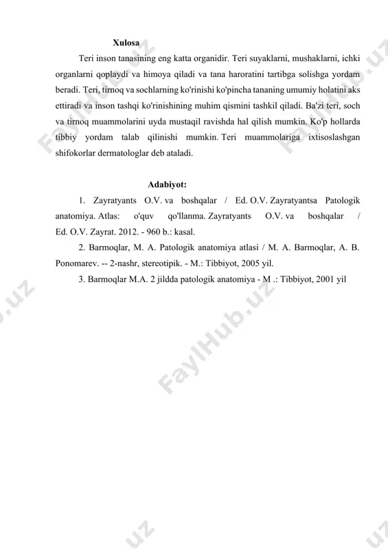 , tirnoq va sochlarning ko'rinishi ko'pincha tananing umumiy holatini aks ettiradi va inson tashqi ko'rinishining muhim qismini tashkil qiladi. ba'zi teri, soch va tirnoq muammolarini uyda mustaqil ravishda hal qilish mumkin. ko'p hollarda tibbiy yordam talab qilinishi mumkin. teri muammolariga ixtisoslashgan shifokorlar dermatologlar deb ataladi. adabiyot: 1. zayratyants o.v. va boshqalar / ed. o.v. zayratyantsa patologik anatomiya. atlas: o'quv qo'llanma. zayratyants o.v. va boshqalar / ed. o.v. zayrat. 2012. - 960 b.: kasal. 2. barmoqlar, m. a. patologik anatomiya atlasi / m. a. barmoqlar, a. b. ponomarev. -- 2-nashr, stereotipik. - m.: tibbiyot, 2005 yil. 3. barmoqlar m.a. 2 jildda patologik anatomiya - m .: tibbiyot, 2001 yil