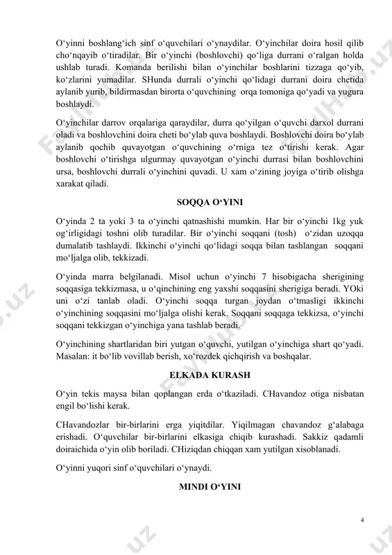 ilar qator bo‘lib engashib turadilar. boshni iloji boricha pastroq tutib bir-birini qo‘yib yubormasliklari kerak. toshni topgan o‘yinchilar yugurib kelib engashib turgan o‘yinchilarning ustiga minadilar. hamma o‘yinchi minishi shart. mina olmasa, minib yiqilsa yoki ko‘tara olmay yiqilsalar yutqazgan xisoblanadi. a’zolarning xammasi minib yiqilmasa g‘olib bo‘ladi. tepish o‘yinda bir nechta o‘yinchi qatnashadi. har bir o‘quvchi mustaqil xarakatlanadi. o‘quvchilar navbatma-navbat qo‘li bilan erga tiralib 10-20 marta tez aylanib 10 metr uzoqlikda turgan o‘quvchini borib tepadi. to‘g‘ri yurib borib tepsa g‘olib hisoblanadi. qolgan o‘yinchilar shu zaylda davom ettiradilar. tepishga kelayotgan o‘yinchidan o‘zini ximoya qilish mumkin. taqiya tepar bu o‘yin o‘quvchilardan juda katta epchillik va maxorat talab qiladi. bir yo‘la necha xarakatlarni bajarishga to‘g‘ri keladi. o‘yin ochiq joylarda, sport zalida o‘tkazilishi mumkin. o‘yin yakkama-yakka, bir-birini boshidagi bosh kiyimini qo‘l bilan xam tushirishlari mumkin. tepishning turli aldamchi xarakatlari qilinadi. tushirilgan bosh kiyim o‘zlaridagi o‘yin qoidasiga muvofiq uzoqqa tepiladi. boshdagi tushgan bosh kiyimni o‘yinchi teptirishga yo‘l qo‘ymaydi. …