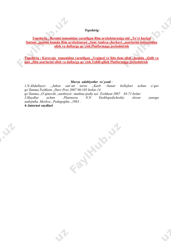 honarli tasvirlashi esa asarning ta’sirchanligini oshirib, uning mazmunini chuqurlashtiradi. obrazdagi ruhiy holat, chiziqlar plastikasining go‘zalligi, keskin nur-soya o‘yini asarni oddiy hayotdan ko‘chirma emasligini bildirib turadi. rassom o‘z asarlarida nur-soya qarama-qarshiligiga ham e’tibor beradi. asosiy obrazlami yoruglantirish hisobiga birinchi planga chiqarish, orqa planning ko‘pincha to'q- qoramtir gammada hal etilishi kompozitsiyaga o‘ziga xos fazoviy kenglik kiritadi. topshiriq : karavajo tomonidan yaratilgan ,,yegiped yo`lida dam olish ,,hamda ,,qalb va qon ,,film asarlarini olish va daftarga qo`yish.tahlil qilish platformaga joylashtirish хуп-хуш асрларда испания санъати xvi асрнинг 80 - йилларидан xvii асрнинг 80 - йилларига кадар булган даврда испан санъати узининг энг гуллаган "олтин" даврини бошидан кечирди. бу ривожланиш, айникса, театр ва адабиётда (сервантес, лопе де вега), тасвирий санъатнинг дастгох рангтасвирида ёркин намоён булди. меъморлик ва хайкалтарошлик санъатида хам айрим салмокуш асарлар пайдо булган булсада, бирок бу санъат турлари етакчи уринга кутарила олмади. санъатнинг асосий буюртмачиси католик черков ва дворянлар эди. бу унинг мазмуни ва …