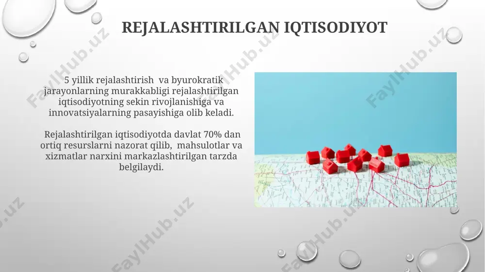 ki, yalpi ichki mahsulotning (yaim) sezilarli qismini, taxminan 30-40% ni tashkil qilishi mumkin, bu esa davlat byudjeti va iqtisodiyotga kuchli ta'sir ko'rsatadi. davlat mulkida bo'lgan korxonalar soni, tarmoqlar bo'yicha turlicha bo'lib, energetika, transport va kommunikatsiya kabi strategik sohalarda yuqori konsentratsiyaga ega. bozor iqtisodiyoti bozor iqtisodiyoti samaradorligini ko'rsatuvchi asosiy ko'rsatkichlardan biri yaimning o'sish sur'ati bo'lib, u o'rtacha 3-7% ni tashkil qilishi mumkin. lekin bu inflyatsiya darajasi bilan bog'liq. bozor iqtisodiyotida davlatning roli 15% dan kam bo'lishi mumkin, asosan, infratuzilmani rivojlantirish va monopoliyalarni tartibga solishga qaratilgan. kapitalizm: mohiyati va xususiyatlari kapitalizmda xususiy mulkchilikning ustunligi iqtisodiyotning 70% dan ortiq qismini egallaydi, bu esa bozor mexanizmlarining asosiy drayveri hisoblanadi. kapitalizmda raqobatning yuqori darajasi, taxminan 1000 dan ortiq korxonalar o'rtasidagi kurash, narxlarning pasayishiga va mahsulotlar sifatining yaxshilanishiga olib keladi. e'tiboringiz uchun rahmat @taqdimot_robot image3.png image4.jpg image5.jpg image6.jpg image7.jpg image8.jpg image9.jpg image10.jpg image11.jpg image12.jpg image13.jpg image14.jpg image15.jpg image16.jpg image1.png