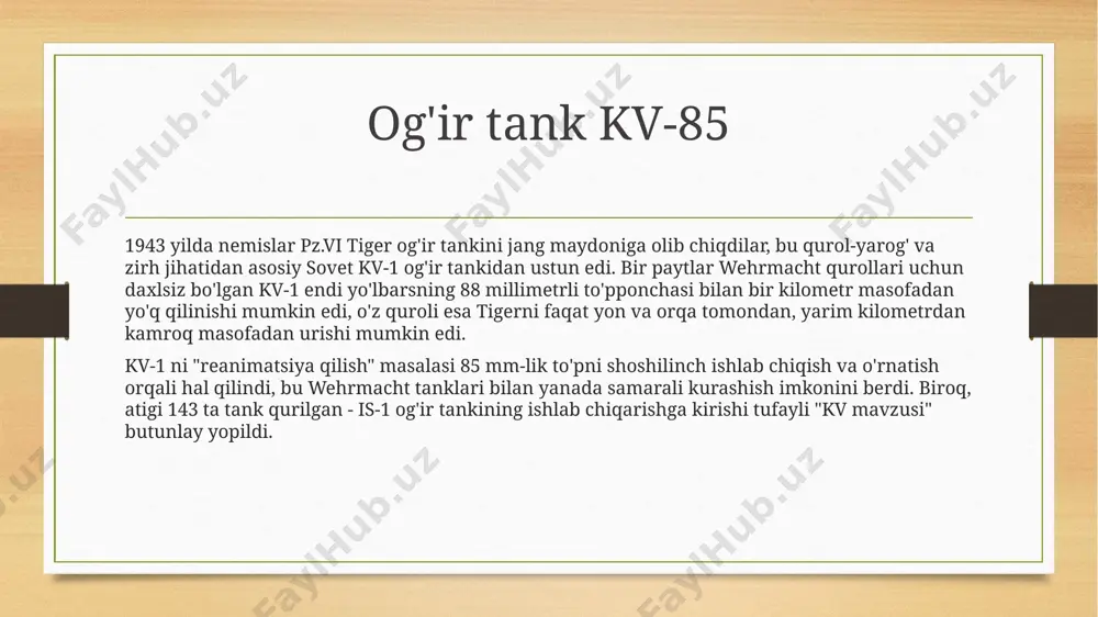 normal edi - urush boshida yo'qotishlarning aksariyati jangovar bo'lmagan). qo'shinlardagi "vaqtinchalik" roliga va juda oddiy dizayniga qaramay (t-60 sharoitlar t-34ni yig'ishga imkon bermagan joyda ham yig'ilgan), uning xususiyatlari xorijiy analoglardan kam emas edi. 1941 yildan 1943 yilgacha bo'lgan davrda 5920 ta avtomobil ishlab chiqarilgan. yengil tank t-60 t-60 tanki urush davridagi sovet tanklarining eng yaxshisi emas edi, lekin evakuatsiya qilingan tank zavodlarini qayta tiklash uchun zarur bo'lgan bir necha oy ichida sssr sanoatini "sotib olgan" tank edi. og'ir tank is-1 is-1 ("iosif stalin") og'ir tanki kv-1 tankini chuqur modernizatsiya qilish natijasidir. xuddi shunday ko'rinishga ega bo'lgan is-1, zichroq joylashuvi tufayli, o'lchamlari kichikroq, og'irroq zirhli va ishonchliligi va ishlash ko'rsatkichlari avvalgisiga qaraganda ancha yuqori. kv-85 bilan bir xil quroldan foydalangan holda, is-1 nemis yo'lbarsi bilan kurashishga qodir edi, ammo armiya rahbariyatiga kuchliroq qurolga ega tank kerak edi. shu sababli, atigi 130 dona ishlab chiqarilgan holda, is-1ni ishlab chiqarish is-2 tanki foydasiga …