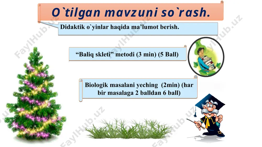 ki boshqa oqsil bo’lmagan murakkab moddalarham uchraydi. toza distillangan suvda eriydigan oqsillar. tuxum oqsili va bug’doy no’xot o’simliklari tarkibidagi oqsillar. osh tuzining kuchsiz eritmasida eriydigan oqsillar. qon tarkibidagi oqsil va ko’pchilik o’simlik oqsillari oqsillar oddiy oqsil albuminlar glabulinlar murakkab oqsil xromoprotein spirtda eriydigan oqsillar kuchsiz ishqoriy eritmada eriydigan oqsil nucleoprotein lipoprotein murakkab oqsillar xromoprotein nukleoprotein lipoprotein psixologik iqlim yaratish guruhlarga ajratish 1 2 3 4 5 yangi mavzuni mustahkamlash. didaktik o`yinlar haqida ma’lumot berish. juftlashni bajaring archadan savollarga javob berib sovg’ani qo’lga kiriting tolasimon oqsillar murakkab oqsillar yumaloq oqsillar oddiy oqsillar 1 2 3 4 5 6 biologic savol orqaga tirik organizmlar tarkibida uchraydigan oqsillar ikki xil: tolasimon va yumaloq yoki tuxumsimon shaklga ega. yumaloq oqsillarga ipak qurtining ipagidagi oqsillar kiradi. murakkab oqsillar suvda yoki boshqa eritmalarda erish xususiyatiga qarab bir- biridan farq qiladi. toza distillangan suvda eriydigan oqsillar albuminlar deb ataladi. qon tarkibidagi oqsillar va ko‘pchilik o‘simlik oqsillari albuminlarning …
